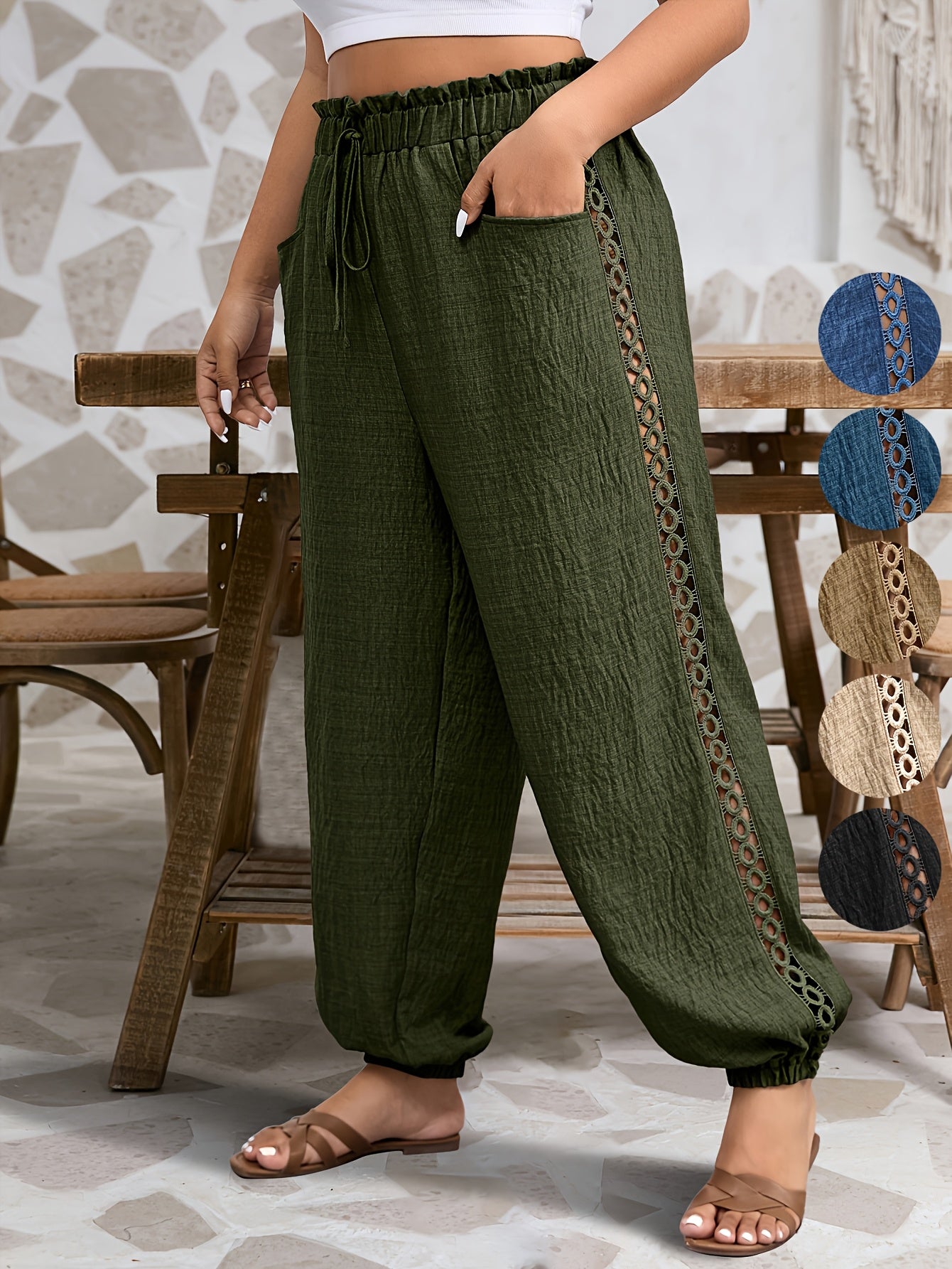 Women's Plus Size Casual Tapered Pants with Ruffle Detail