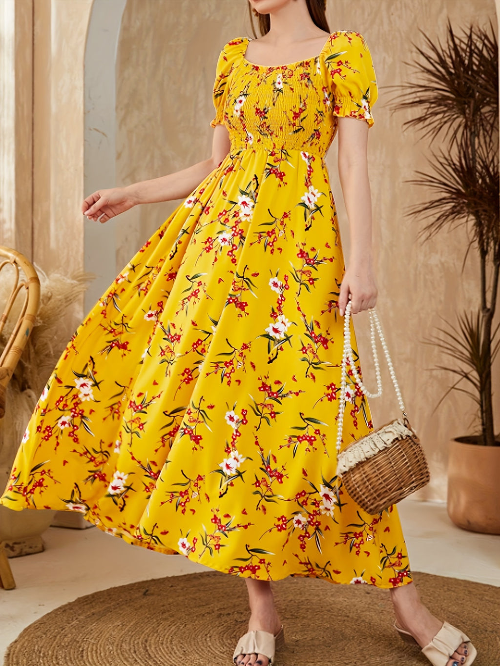 Women's Floral Print Square Neck Puff Sleeve Dress