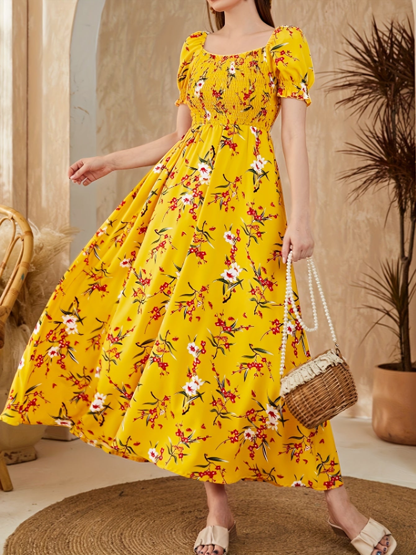 Women's Floral Print Square Neck Puff Sleeve Dress