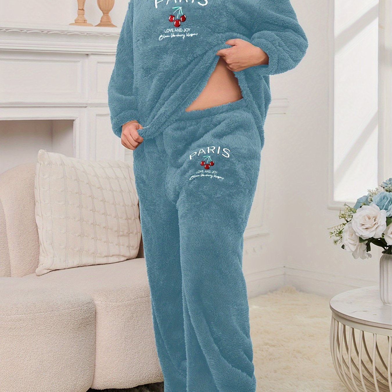 Women's Pajama Set with Letter and Cherry Print, Thickened Warm
