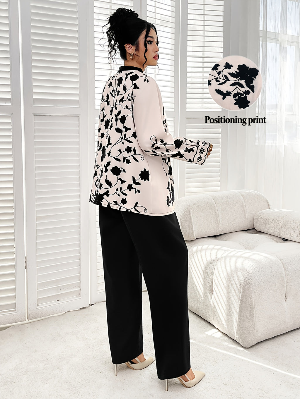 Plus Size - Elegant Floral Print Long Sleeve Blouse with Stand Collar