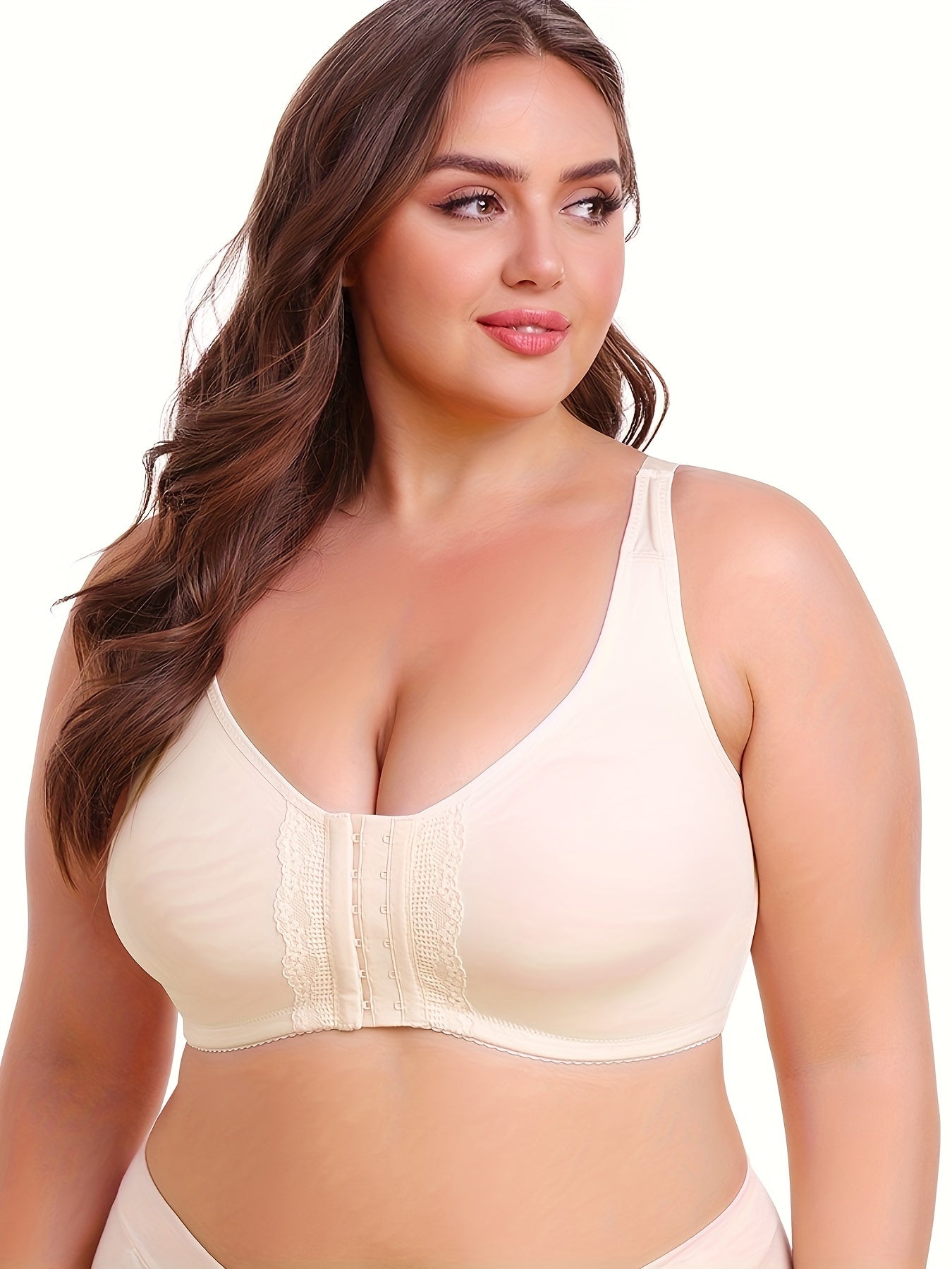 Plus Size Women's Front-Opening Sports Bra, V-Neck, Stretchy Polyester, Solid Color with Lace Detail, No Padding, Low Support, Knit Fabric, for