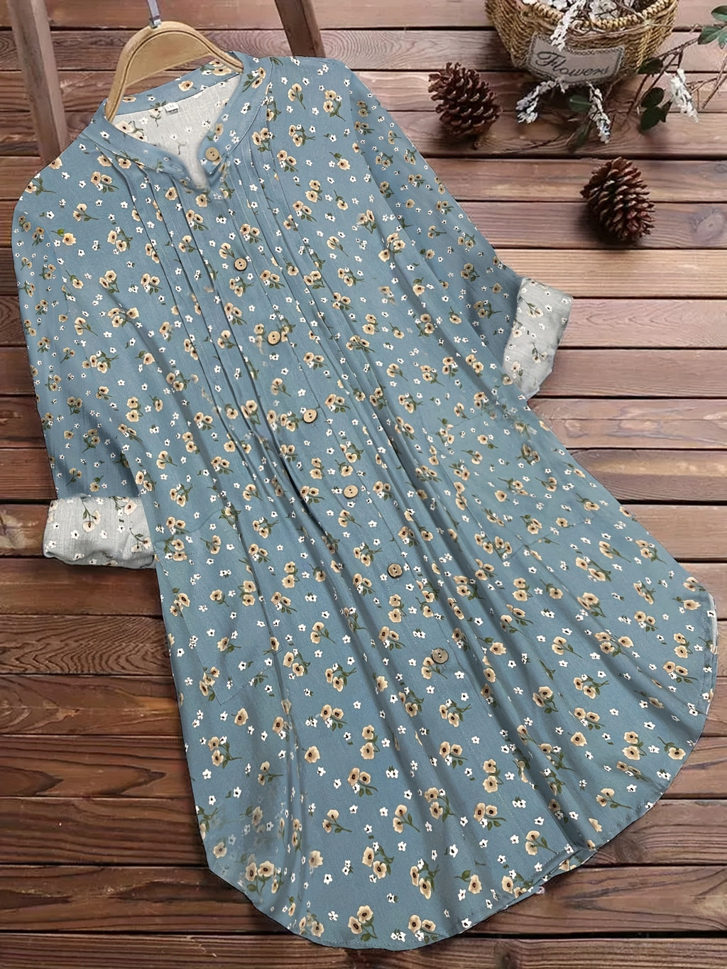 Floral Print Women's Blouse, Long Sleeve Round Neck