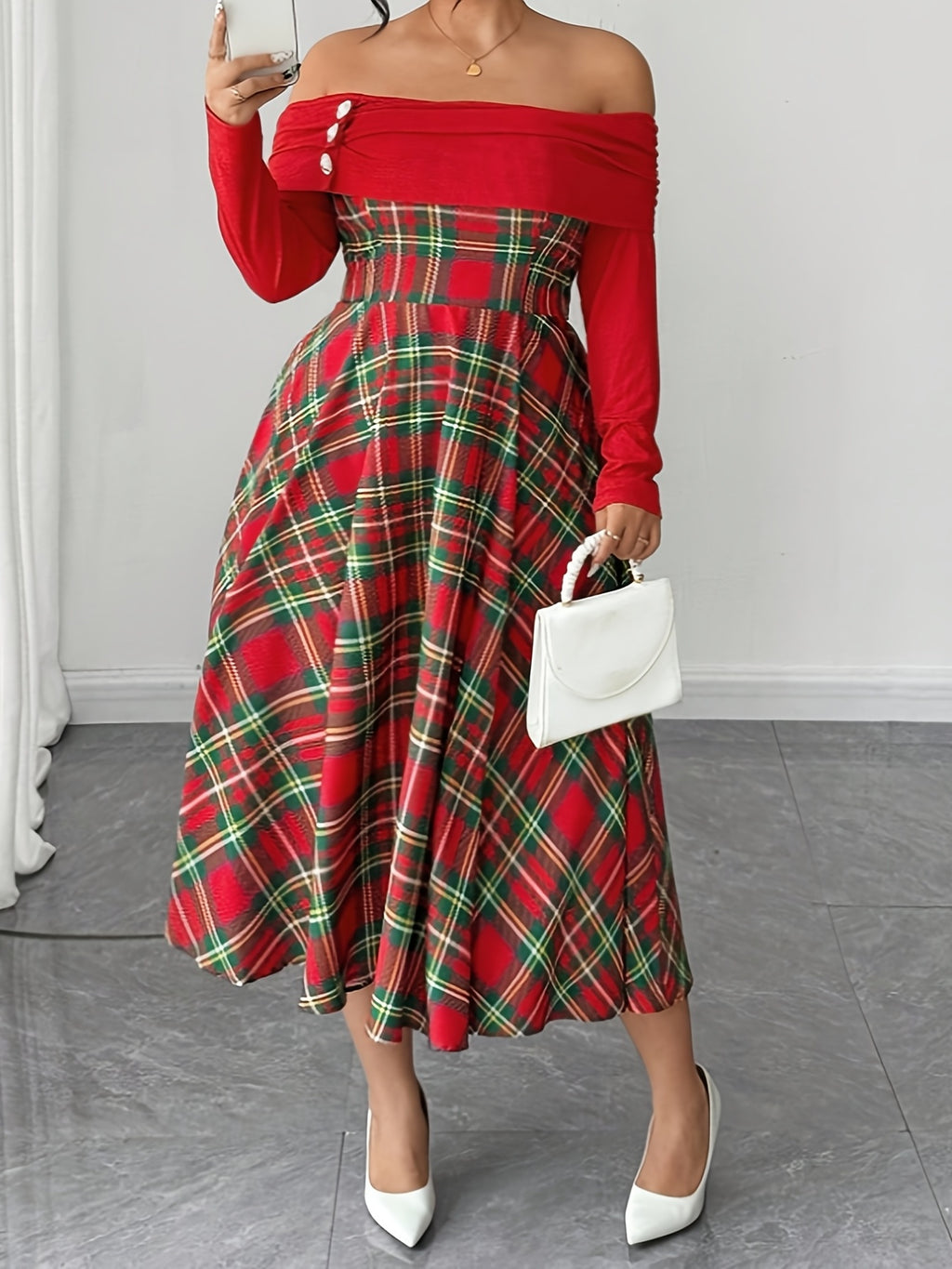 Plus Size Women's Off the Shoulder Long Sleeve Plaid Dress with Faux Pearl Buttons Suitable for Halloween, Chinese New Year, Christmas,