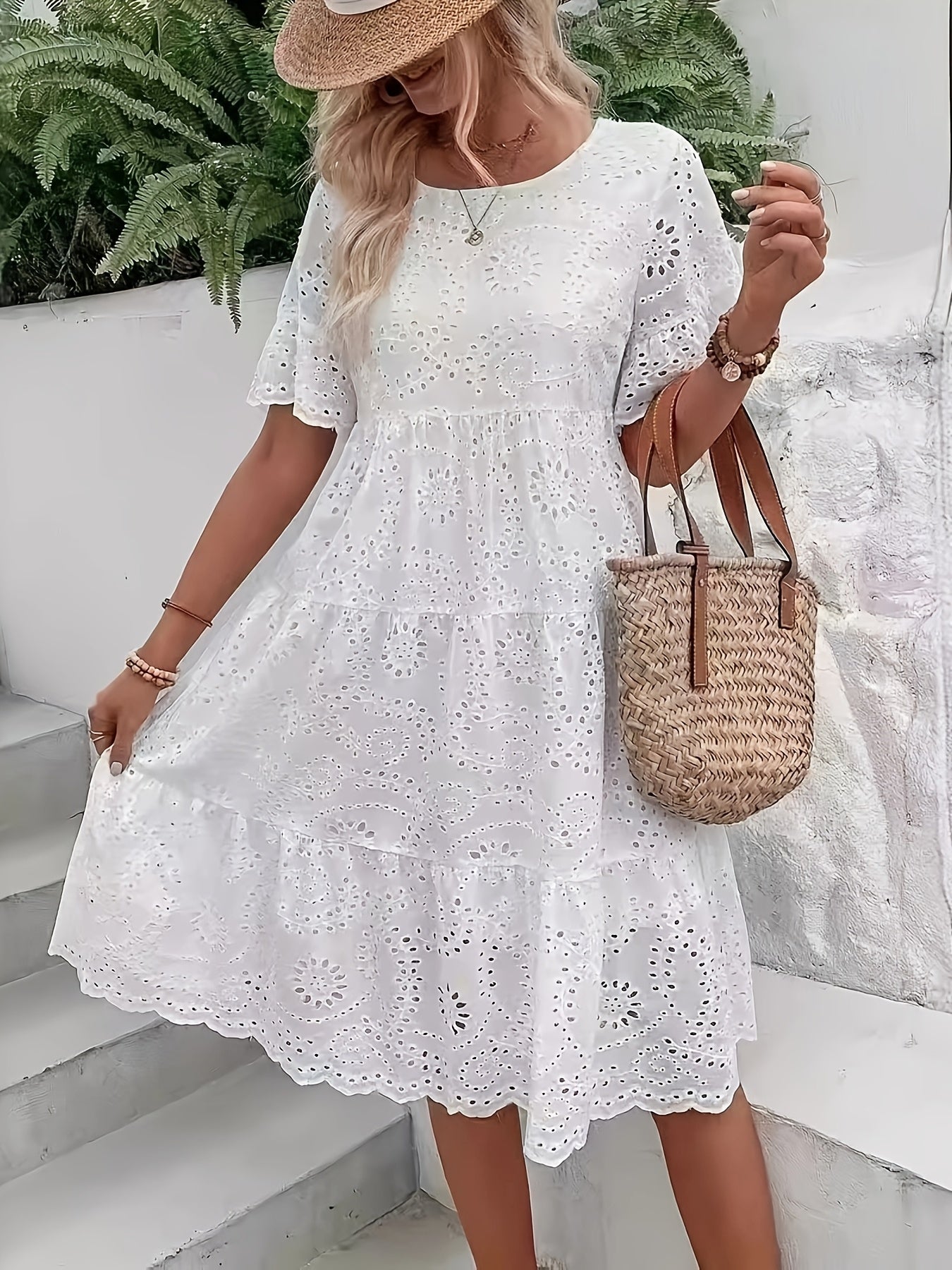 Solid Color Embroidered Lace Dress