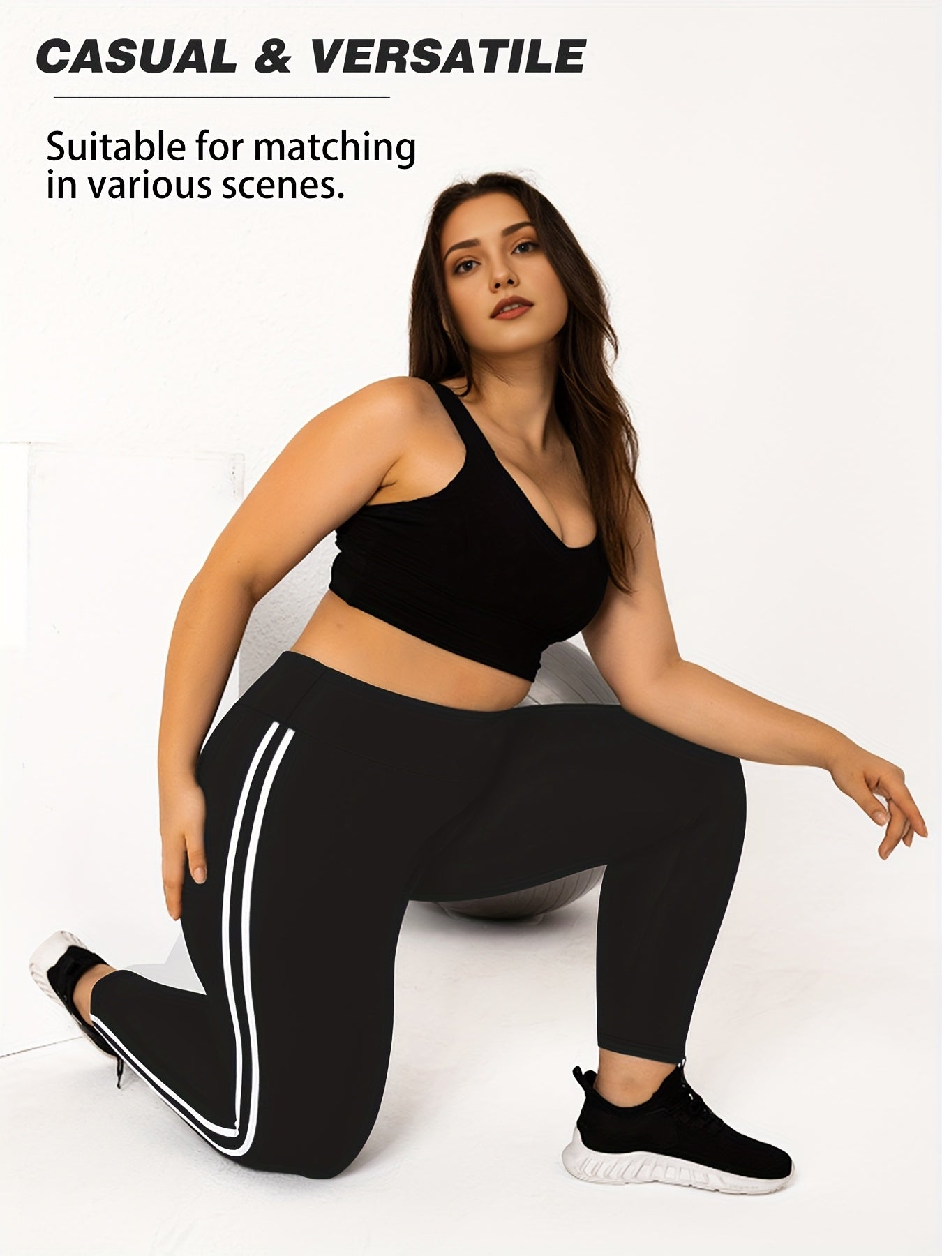 Women's Plus Size High-Waisted Cropped Leggings with Side Stripes