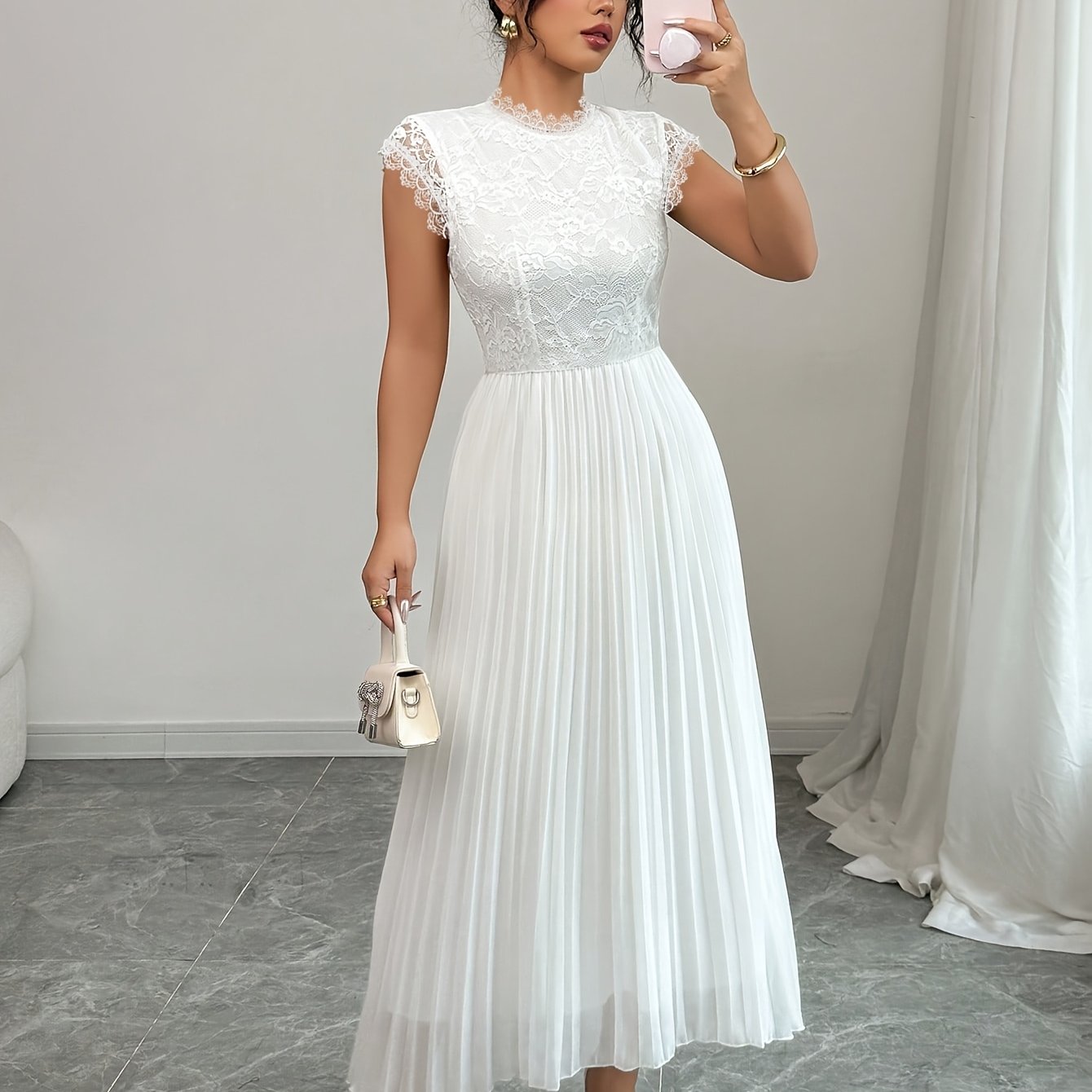 Women'S Elegant Black Floral Lace-Trimmed Pleated Maxi Dress - Sleeveless, Round Neck, High-Low Hem, Perfect for Spring/Summer, Adult, Formal Event Attire, Formal Event Dress | Sleeveless Dress | Lace Trim Detail, Lace Dress