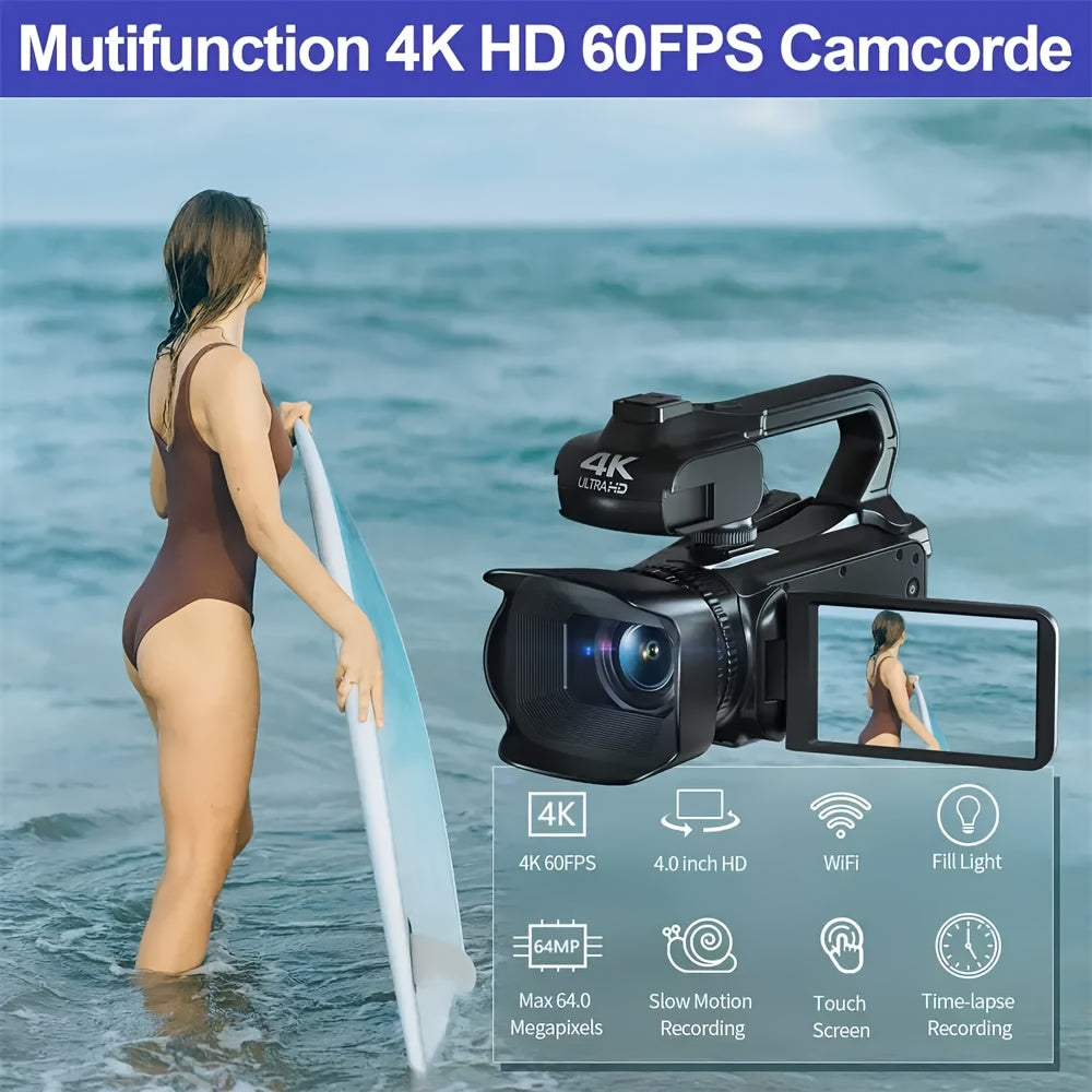 4K Ultra HD Vlogging Camera with 64MP, 60FPS, Auto Focus, 10.16cm Touch Screen