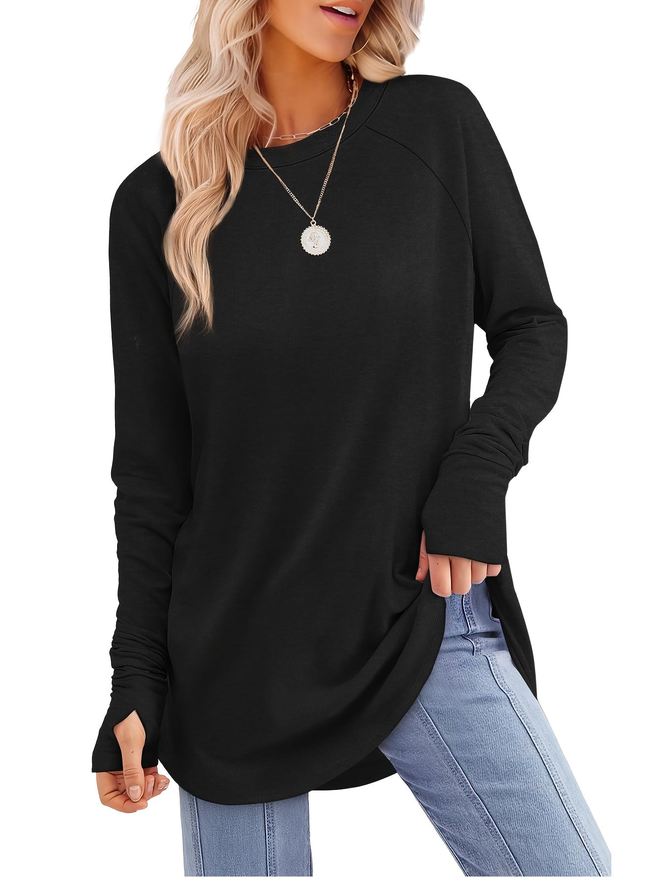 Women's Casual Long Sleeve T-Shirt with Thumb Hole - Solid Color