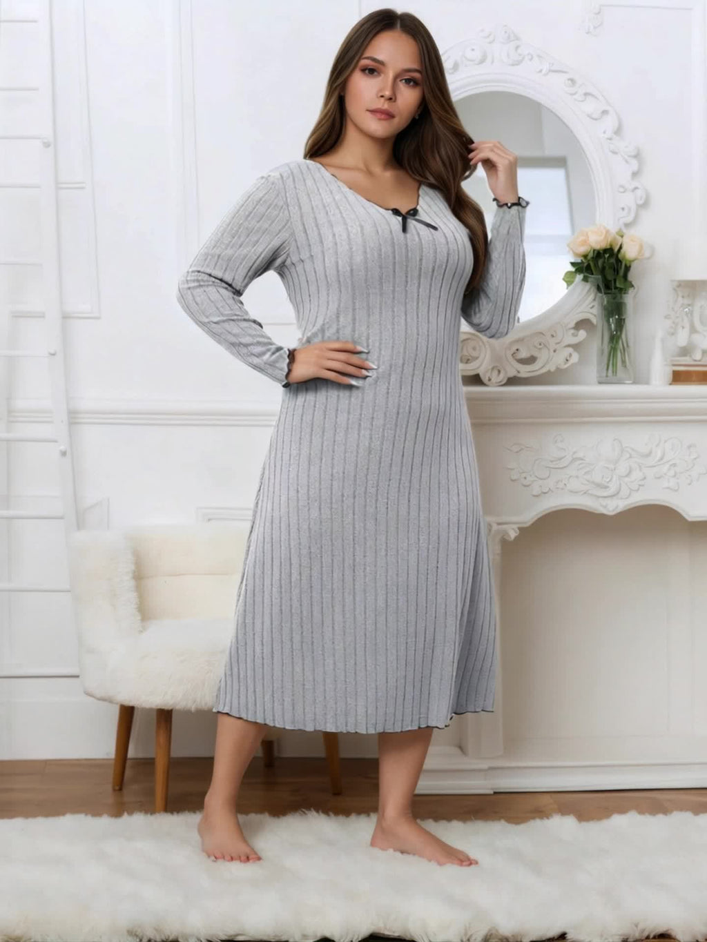 New Plus-Size Two-Piece Set: Comfortable Home Wear with Bow Neckline