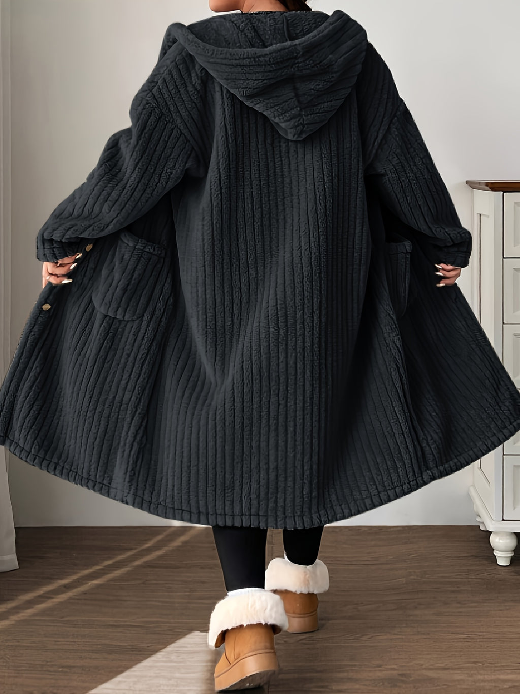 Plus-Size Women's Hooded Long-Sleeve Plush Coat
