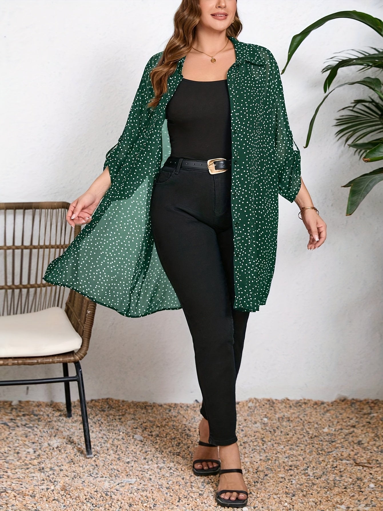 Chic Plus Size Polka Dot Blouse with Cuffed Long Sleeves