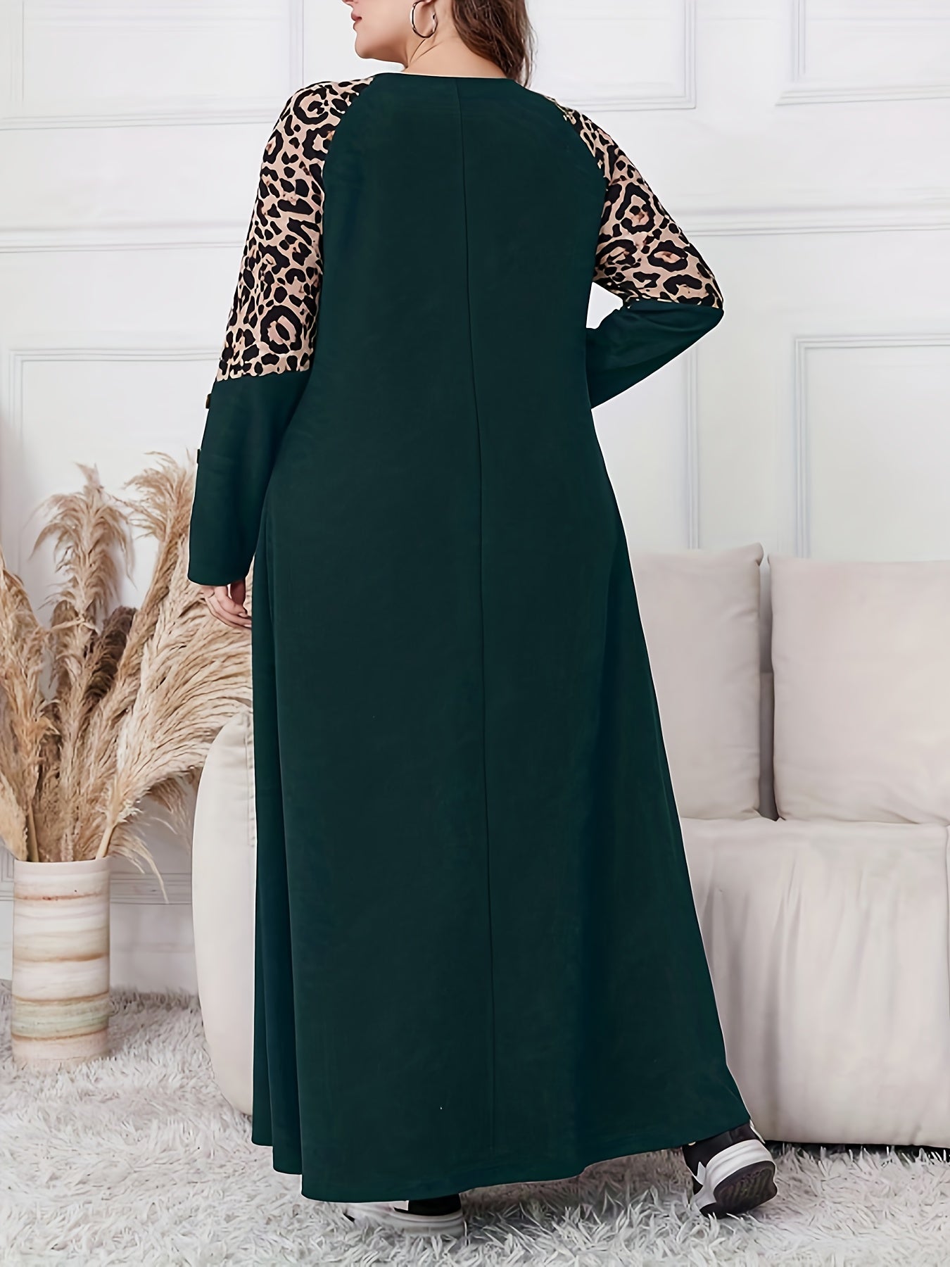 Women's Plus Size Elegant Leopard Print A-Line Maxi Dress with Swing Waist