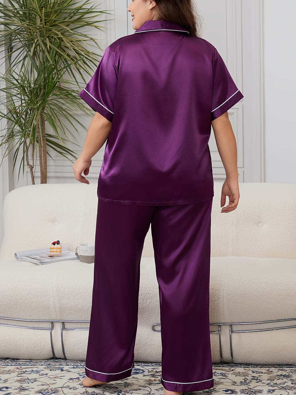 Plus Size Elegant Pajamas Set, Women's Contrast Binding Short Sleeve Button Up Lapel Collar Shirt & Pants Two Piece Lounge Set