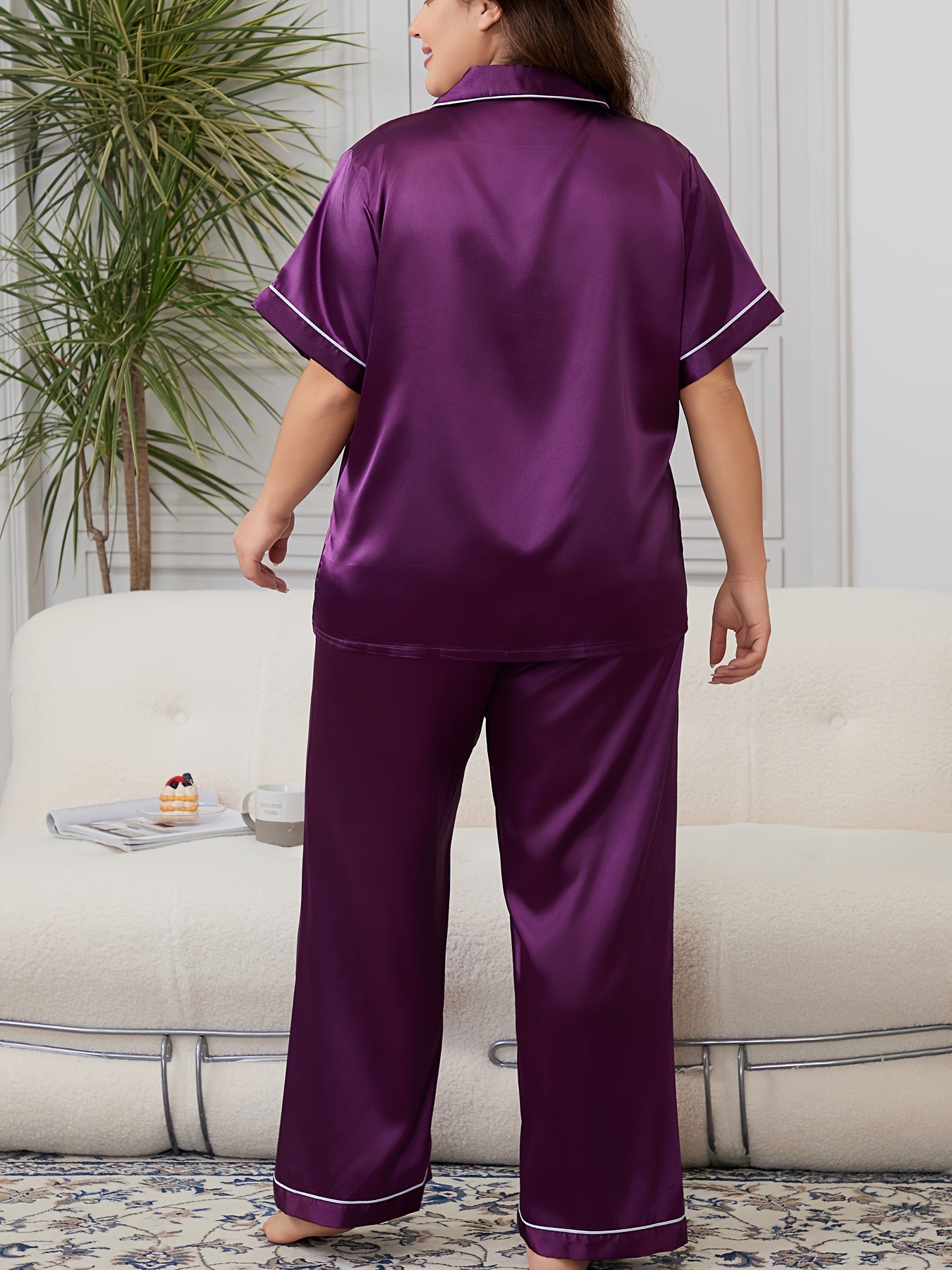 Plus Size Elegant Pajamas Set, Women's Contrast Binding Short Sleeve Button Up Lapel Collar Shirt & Pants Two Piece Lounge Set