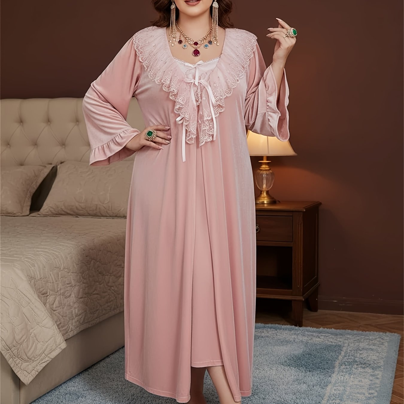 Plus Size Pajama Sets, Royal Style, Medium Stretch Fabric, Solid Color with Contrast Lace Details