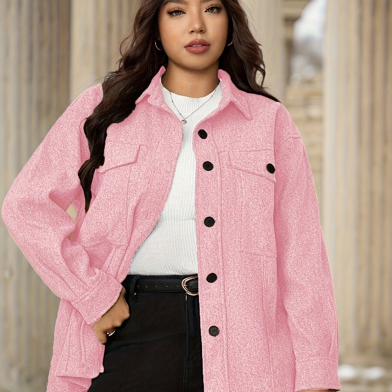 Plus Size Women's Casual Drop Shoulder Flap Pocket Shirt Mid-Weight