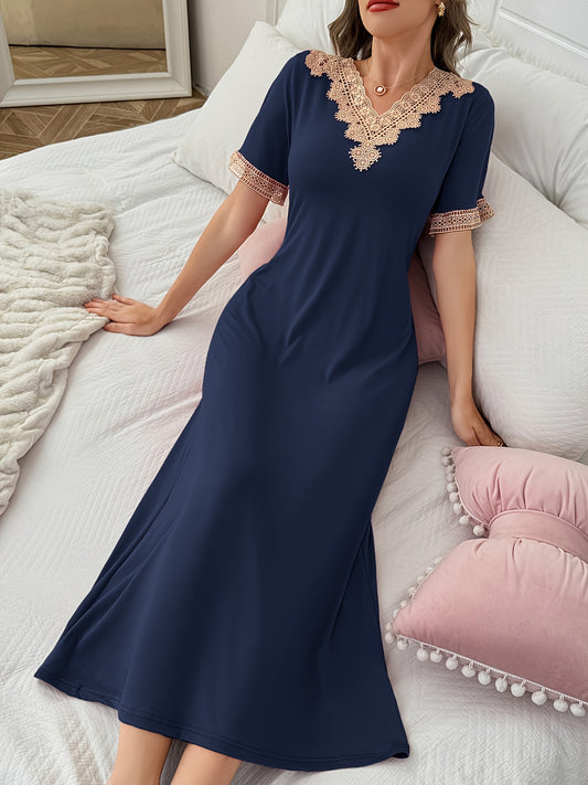Long Contrast Lace Spliced Nightgown