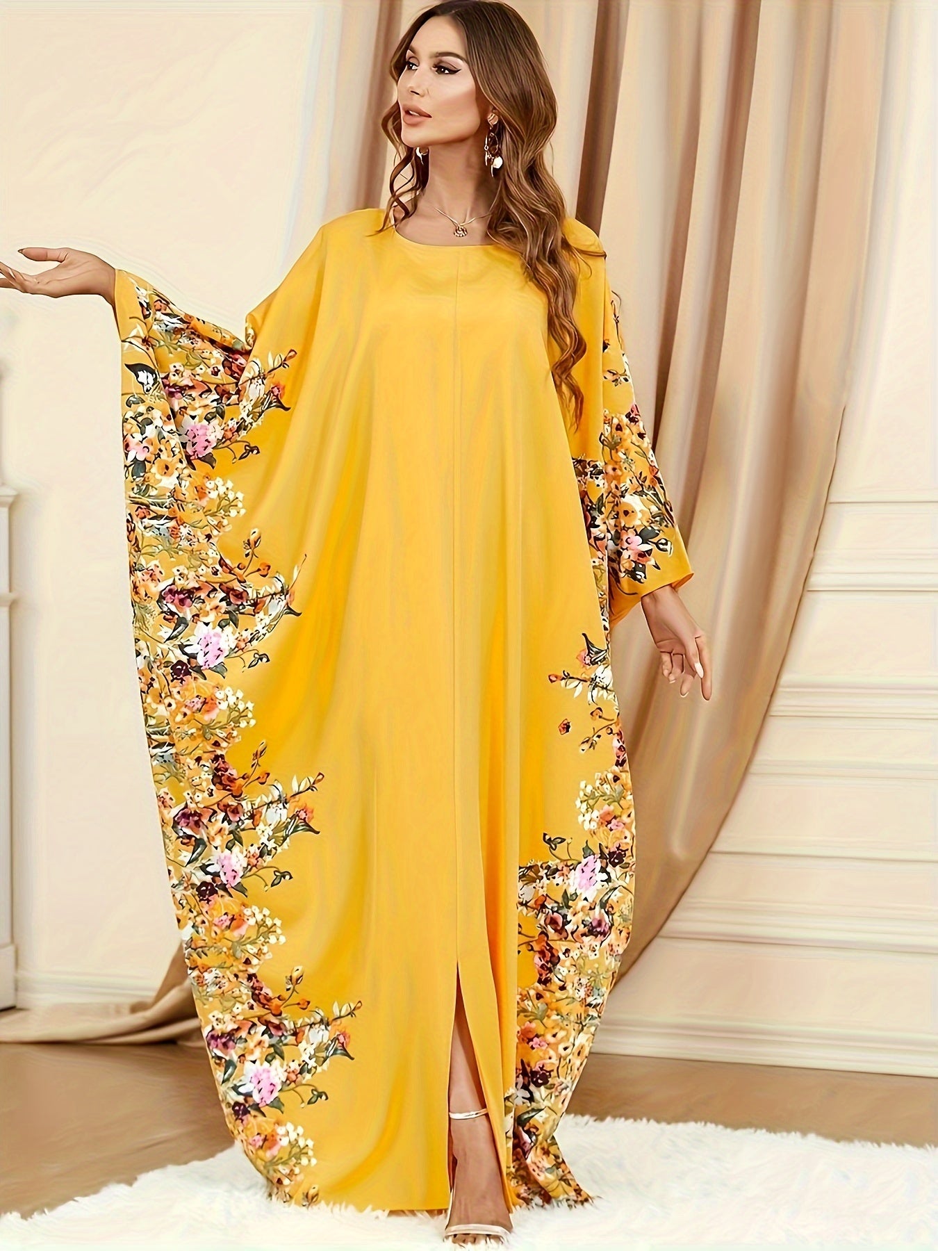 Floral Print Polyester Women's Elegant Batwing Sleeve Kaftan Dress
