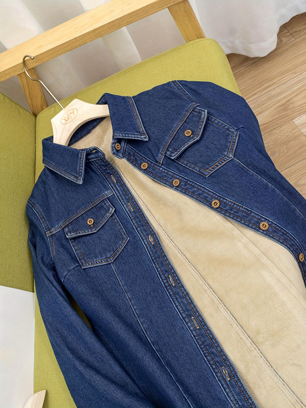 Plain Washed Blue Casual Long Sleeve Plush Lined Denim Shirts Top For Winter, Women's Denim Jeans & Clothing