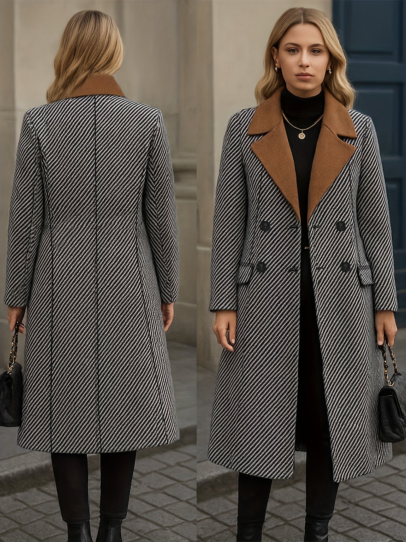 Women's Elegant Houndstooth Check Coat - Long Formal & Everyday Outerwear, Structured H-Silhouette