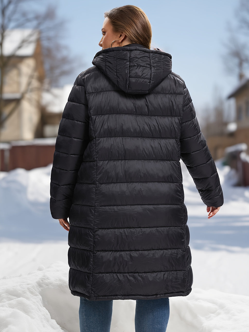 Plus Size Women's Elegant Burgundy Winter Coat with Hood - Long Jacket, Zippered Pockets & Detachable