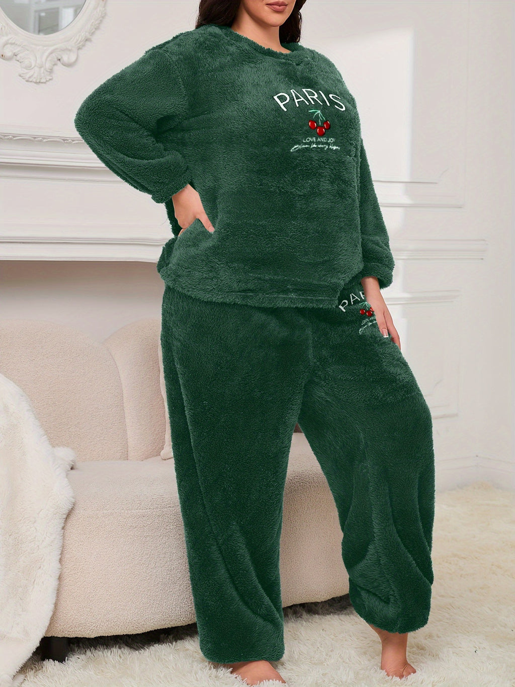 Women's Pajama Set with Letter and Cherry Print, Thickened Warm