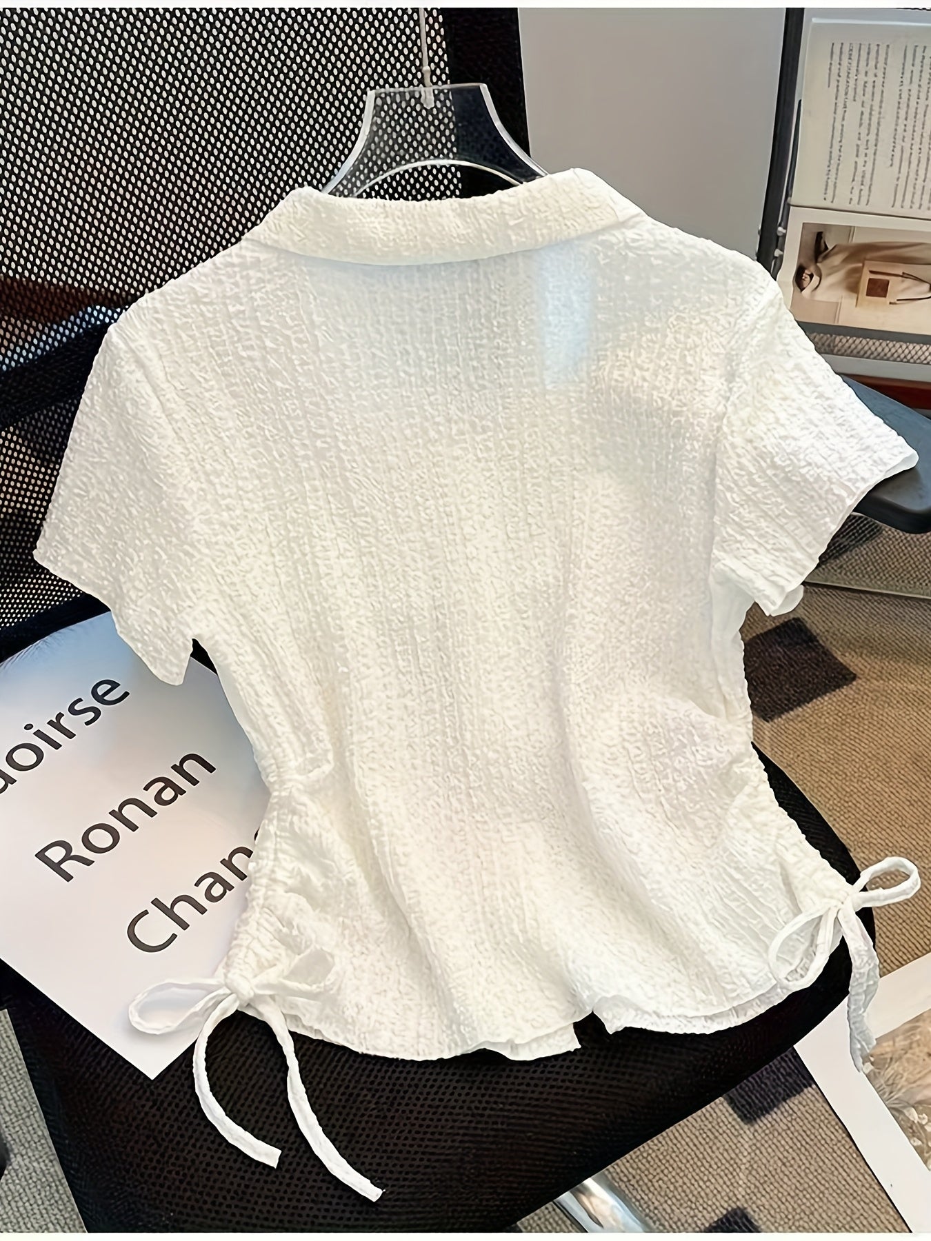 Women's Stylish White Short Sleeve Blouse with Drawstring Detail - Polyester, All-Season, Regular Fit
