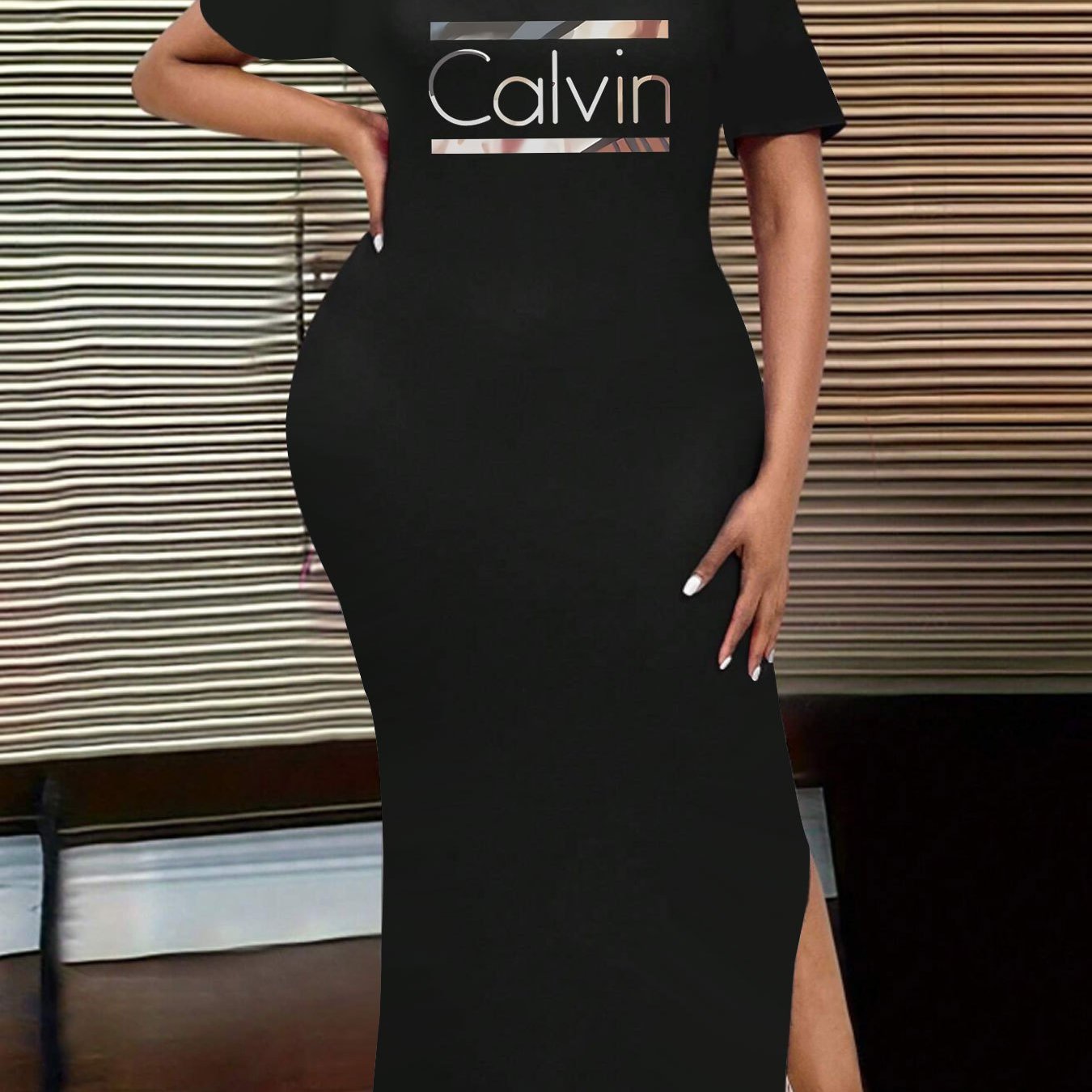 Women's Stretchy Bodycon Dress with Short Sleeves & Side Slit - CALVIN Graphic Print, Black Casual Summer Dress, Machine Washable,