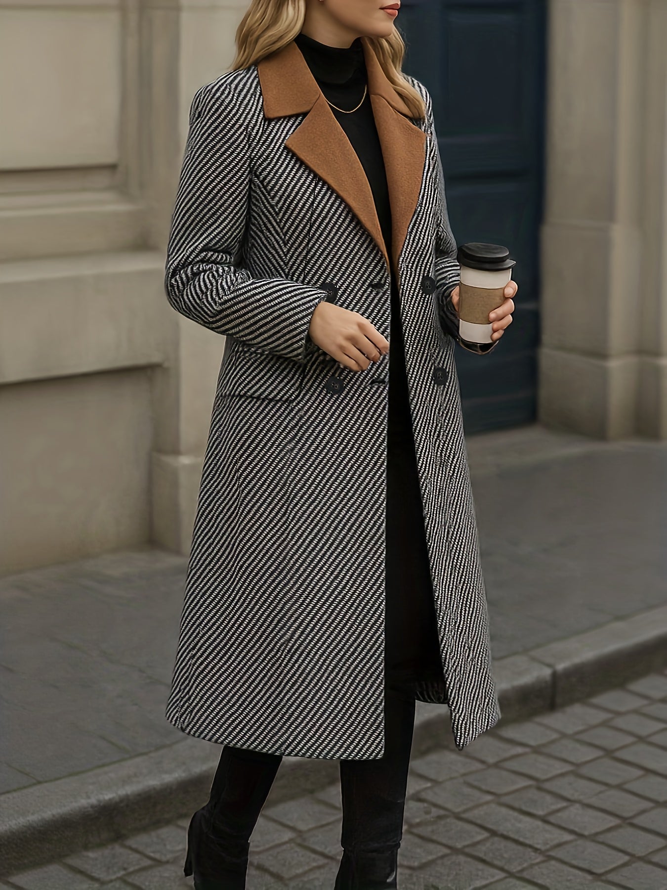 Women's Elegant Houndstooth Check Coat - Long Formal & Everyday Outerwear, Structured H-Silhouette