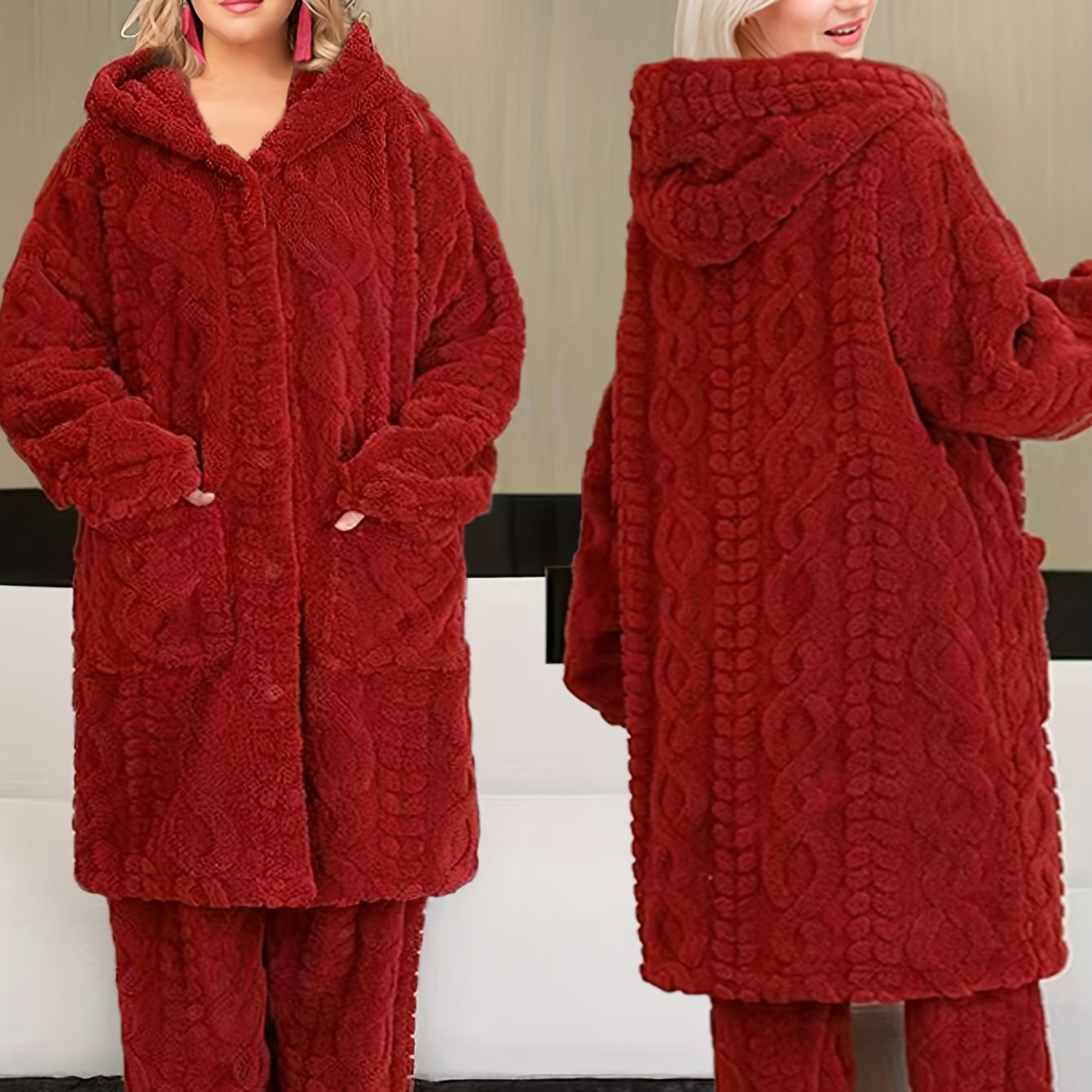 Thick Flannel Pajama Set for Women & Men - Winter Hooded Thermal Sleepwear with Front Button Placket