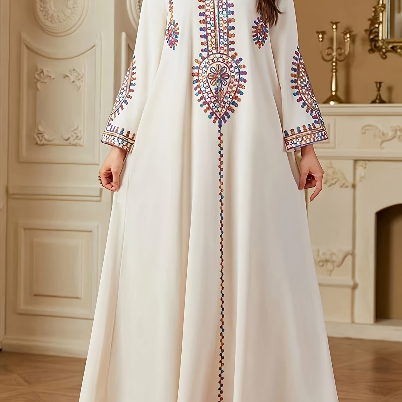 Elegant Middle Eastern-Style Long Dress with Intricate Designs
