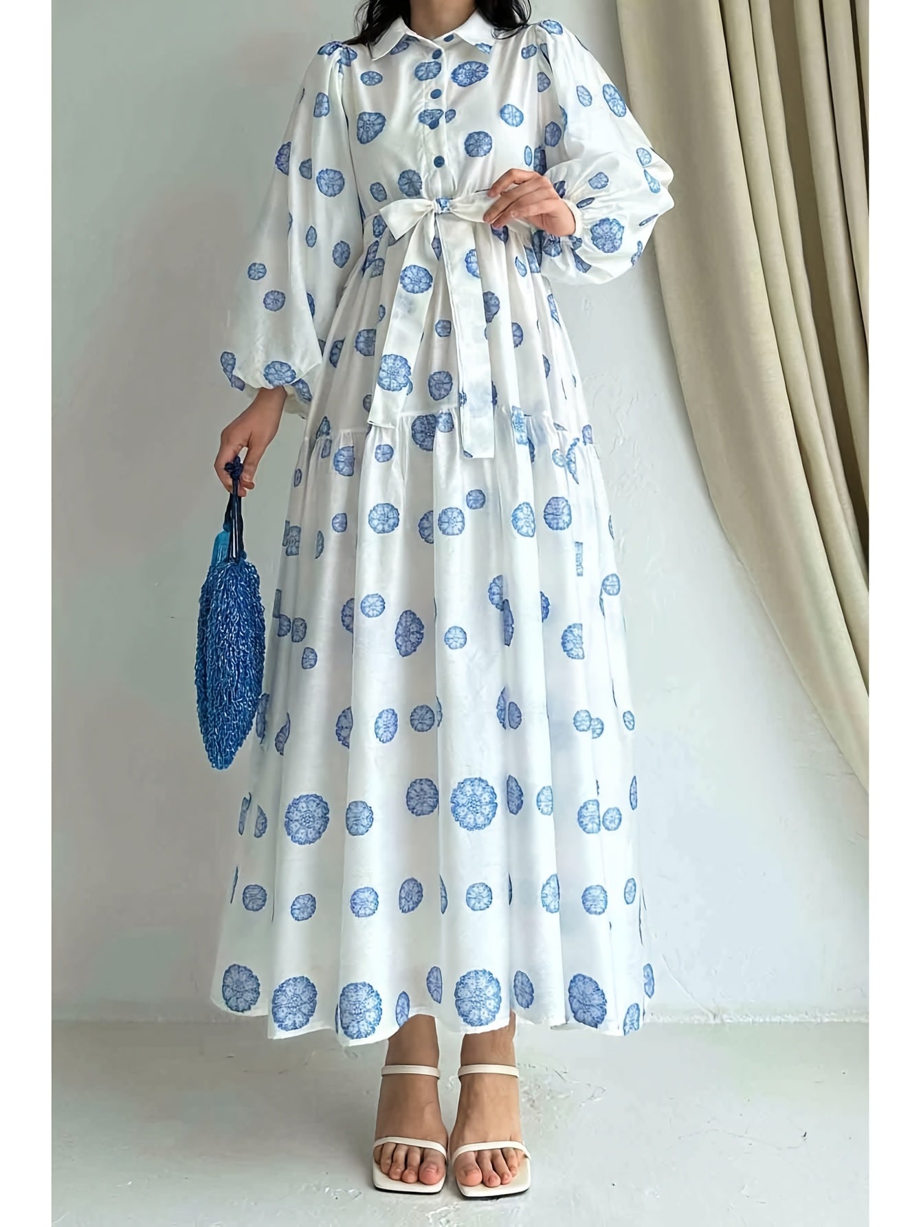 Women's Elegant Red Rose Print Long Sleeve Dress