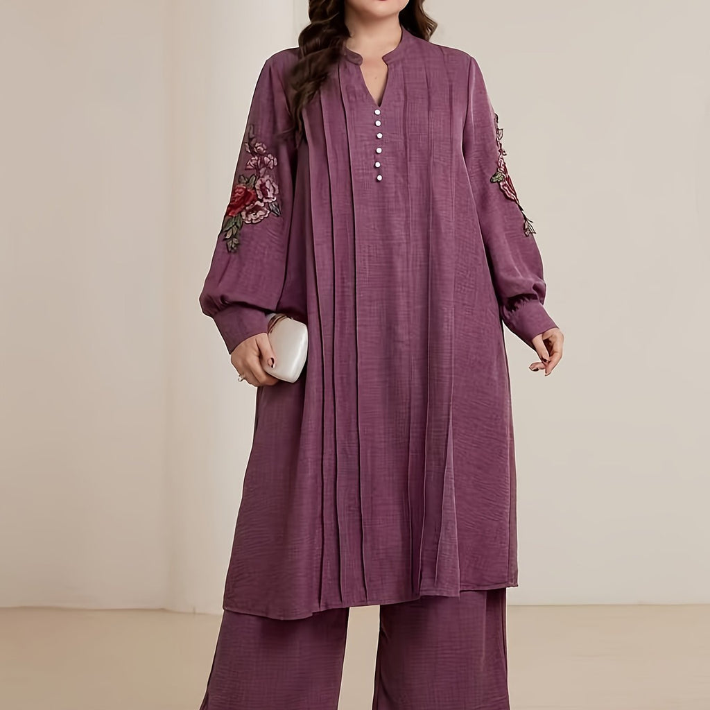 Plus Size Women's Elegant Embroidered V-Neck Long Sleeve Dress and Loose Pants Two-Piece Set