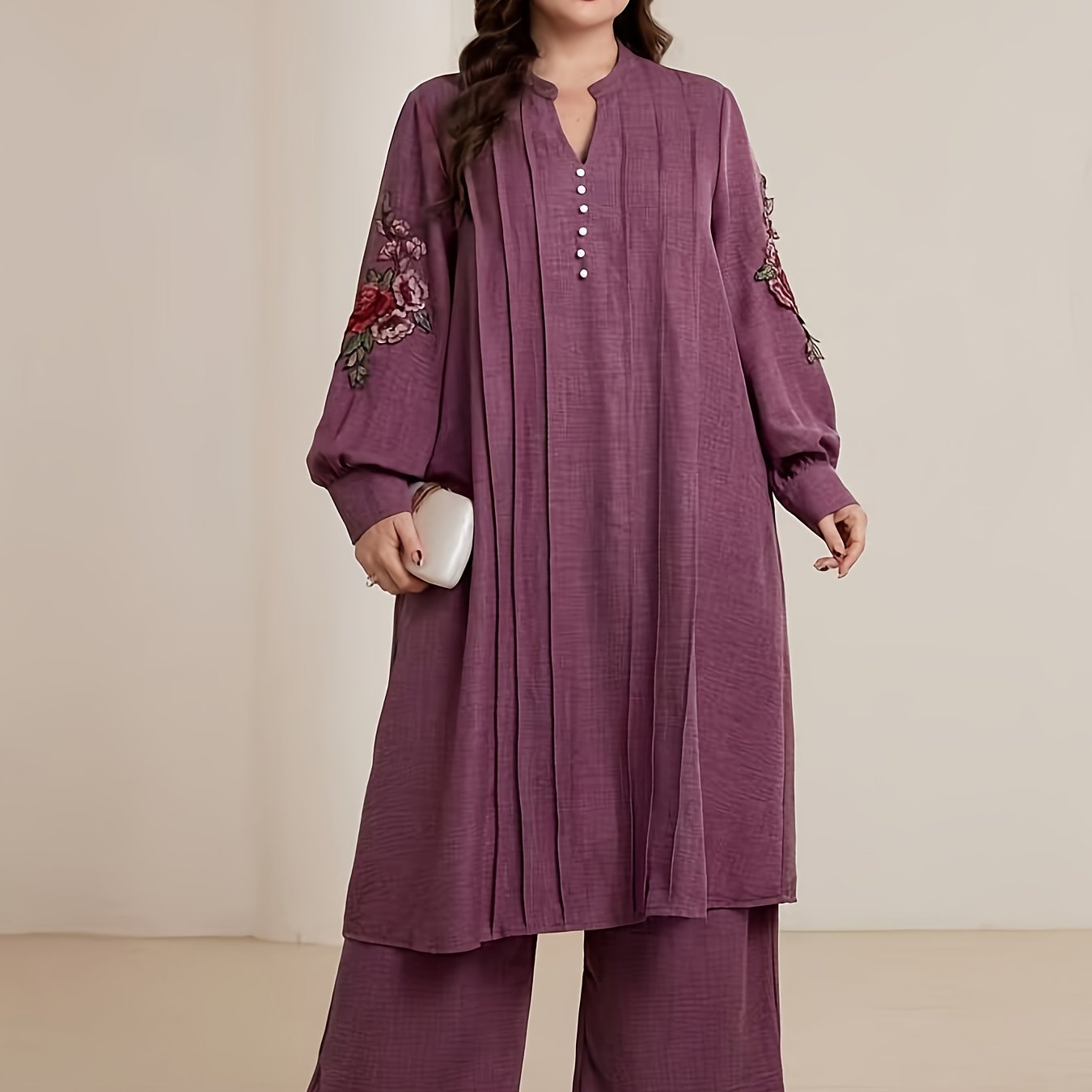 Plus Size Women's Elegant Embroidered V-Neck Long Sleeve Dress and Loose Pants Two-Piece Set