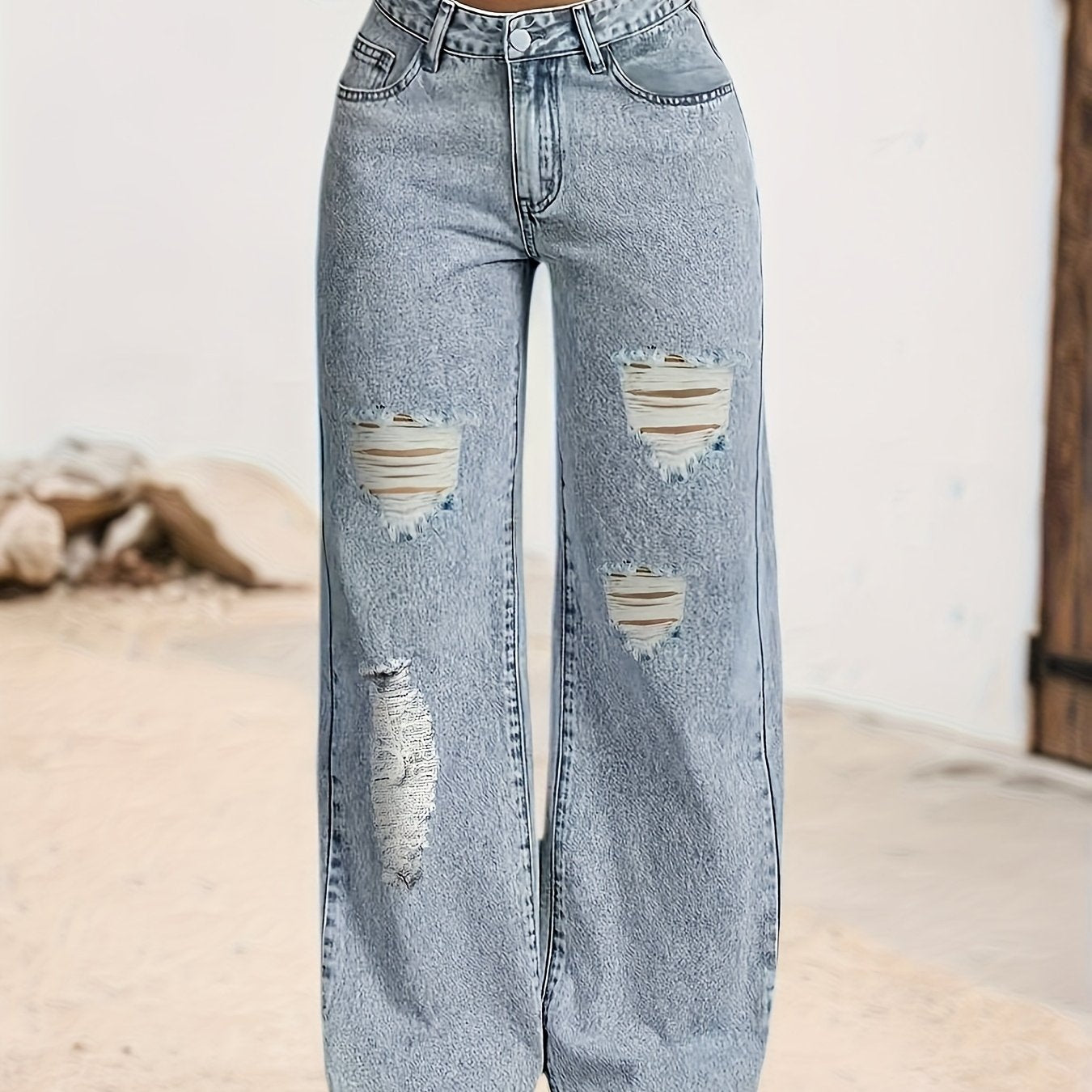 Women's Stretchy Distressed Jeans - Non-See-Through Stretchy Pants with Built-In Frayed Hem
