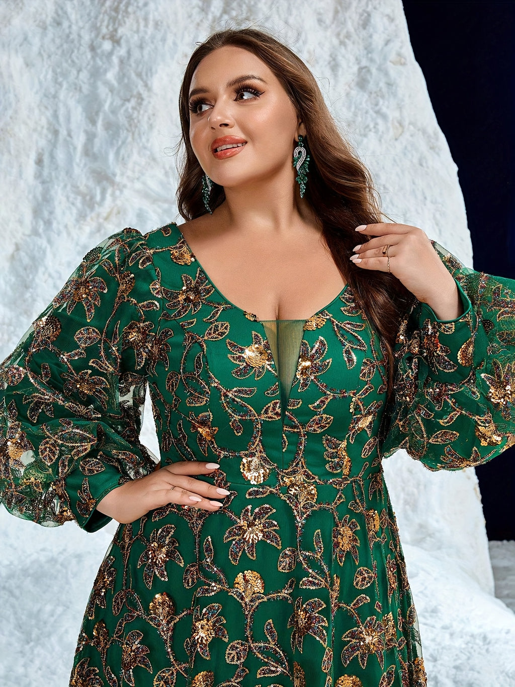 Women's Plus Size Elegant V-Neck Lantern Sleeve Maxi Dress