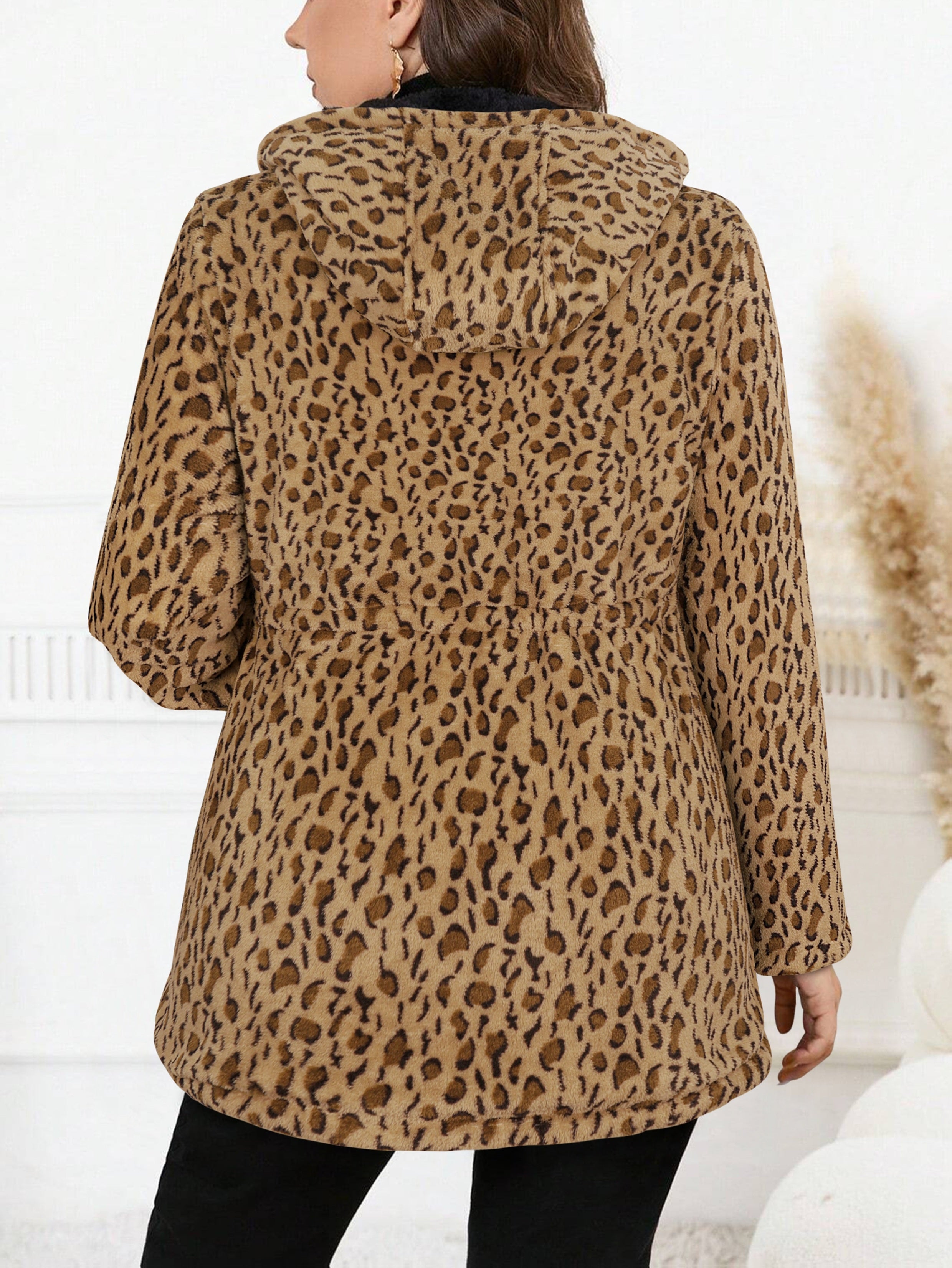 Plus Size Oversized Reversible Leopard Print Fleece Hoodie for Women