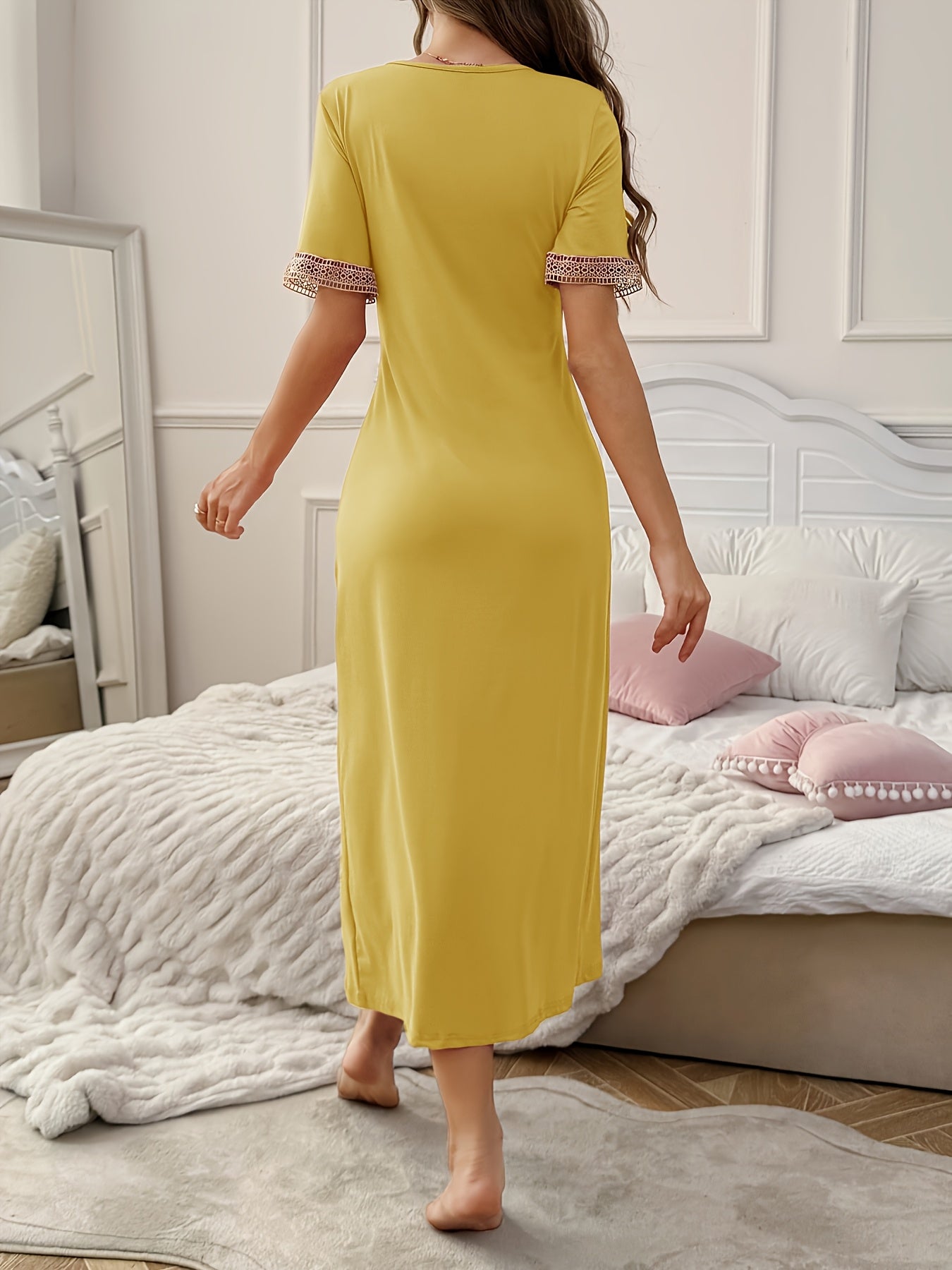 Long Contrast Lace Spliced Nightgown