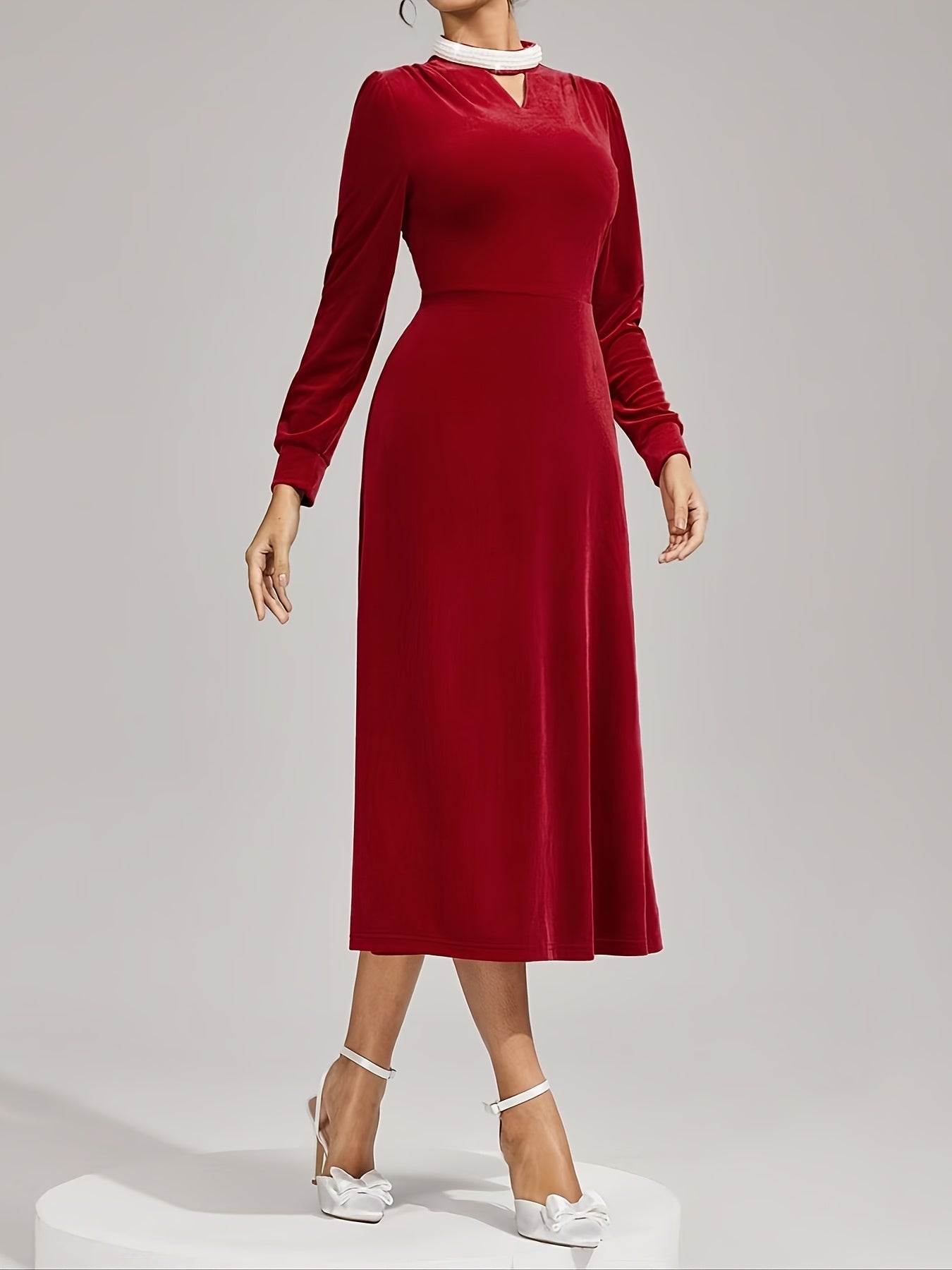 Women's Elegant Burgundy Velvet Long Sleeve A-Line Evening Gown with Adjustable Waist for ChristmasLuxury Wedding Guest Attire