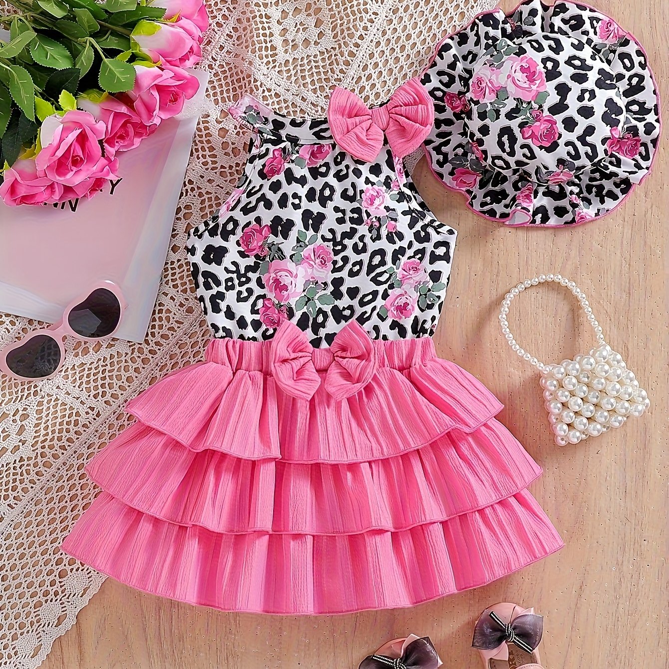 Girls' Fashion Leopard Print Rose Vest with Puff Skirt and Sun Hat Street Style Three-Piece Set