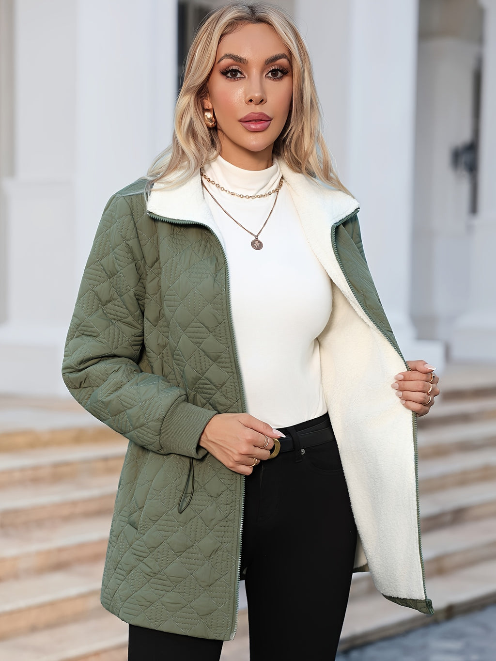 Women's Elegant Winter Jacket - Long Sleeve Zip-Up Coat with Full-Zip Front Closure, Non-Stretch Fabric