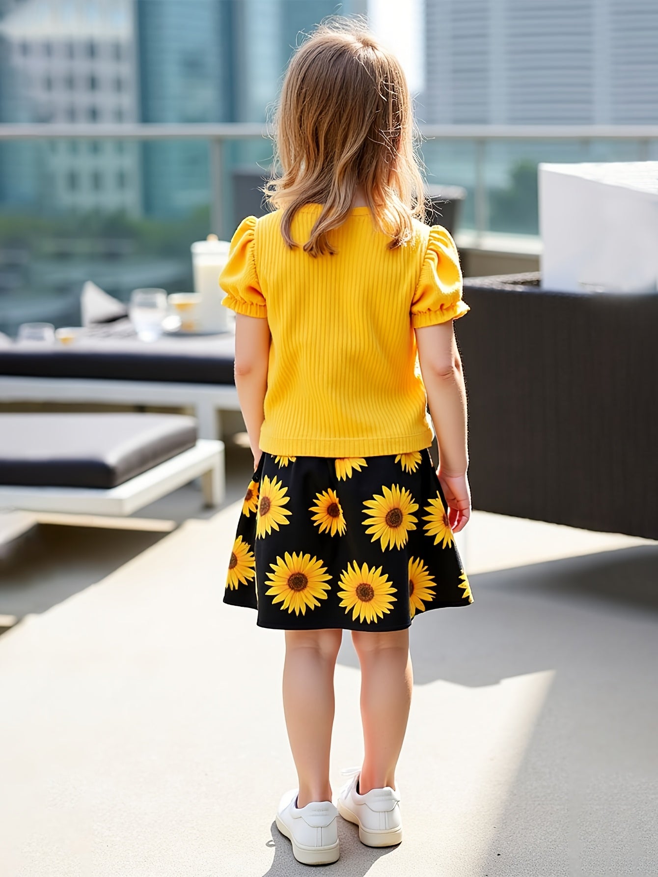 Girls' Sunflower Print Short Sleeve Top + Skirt Set