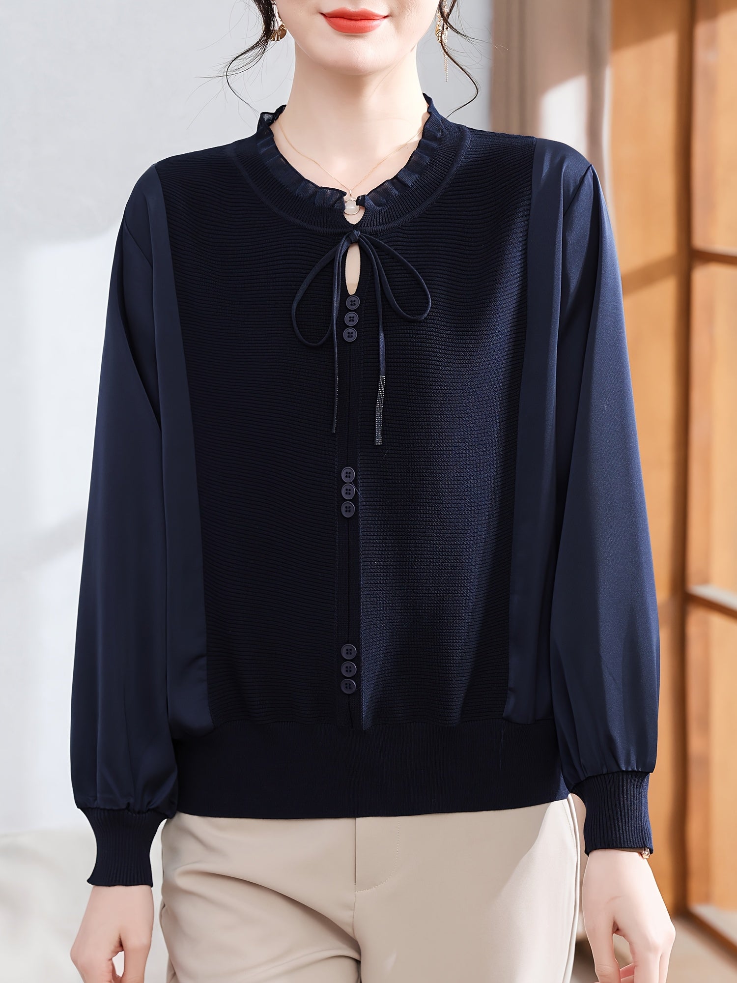 Women's Long-Sleeve Blouse - Age-Defying Tunic Top, Beige-Friendly & Breathable