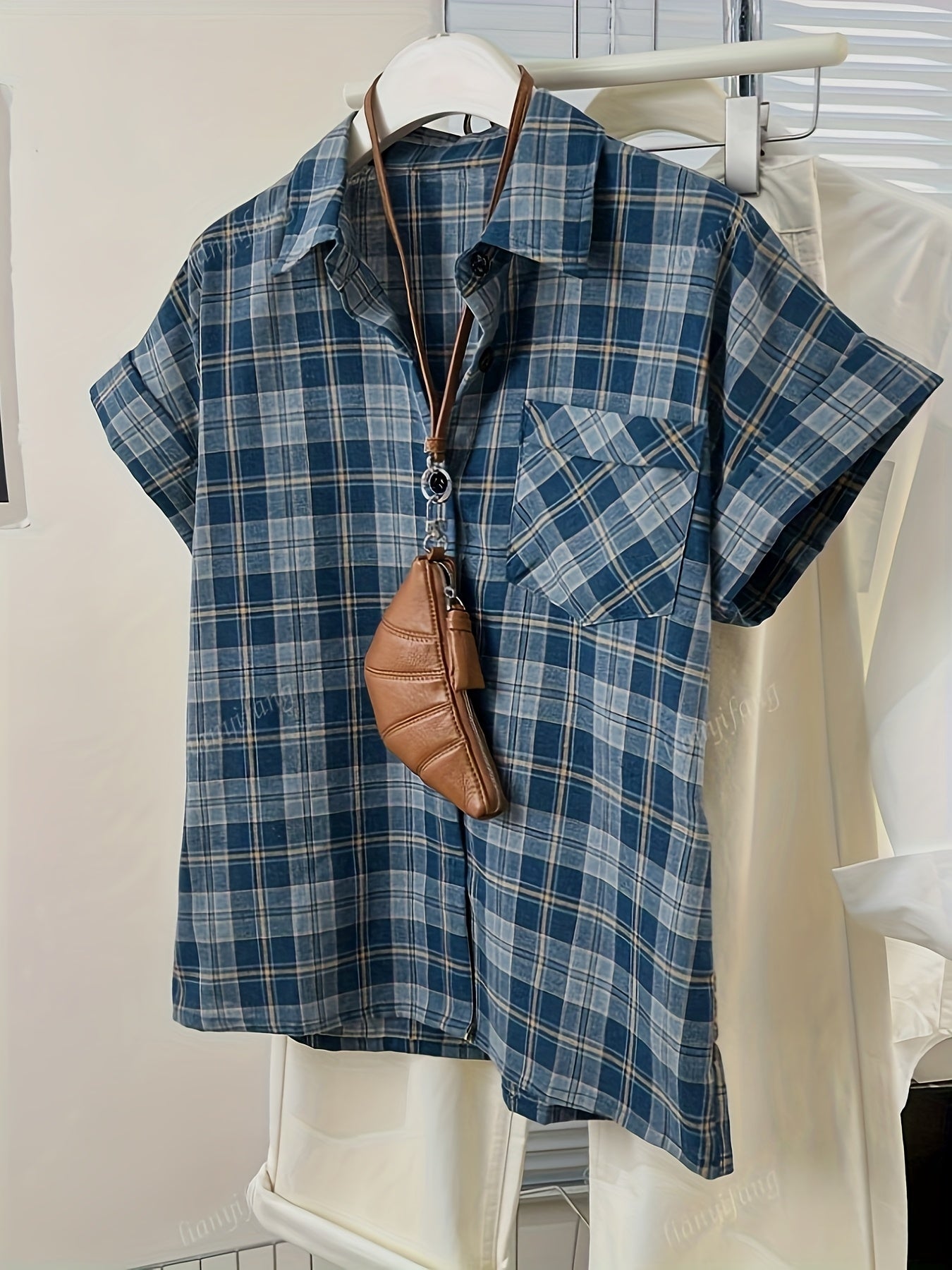 Women's Blue Plaid Loose Fit Casual Short Sleeve Shirt