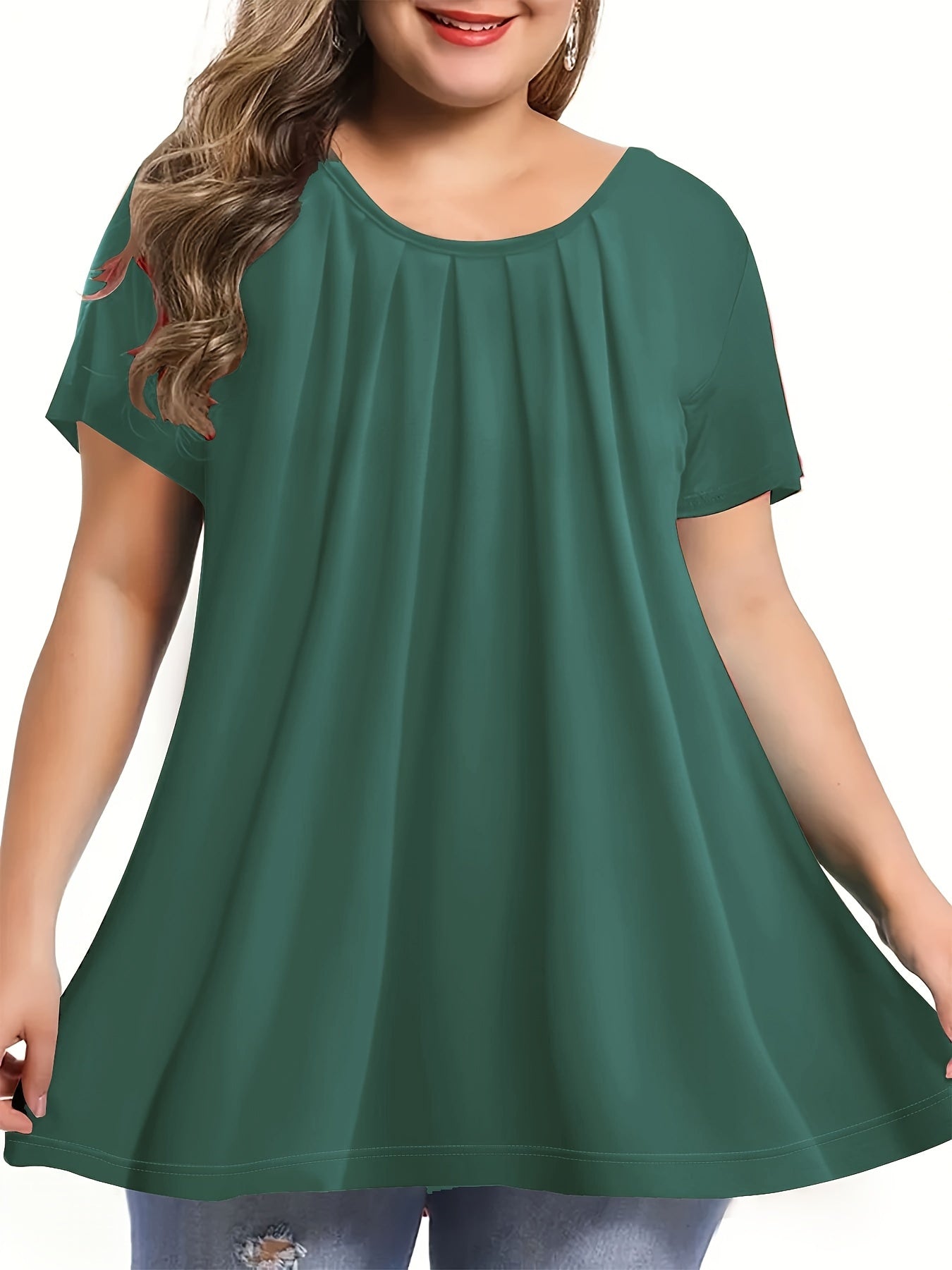Polyester Elegant Crew Neck Ruched Bust Slight Stretch Knit Fabric Pullovers
