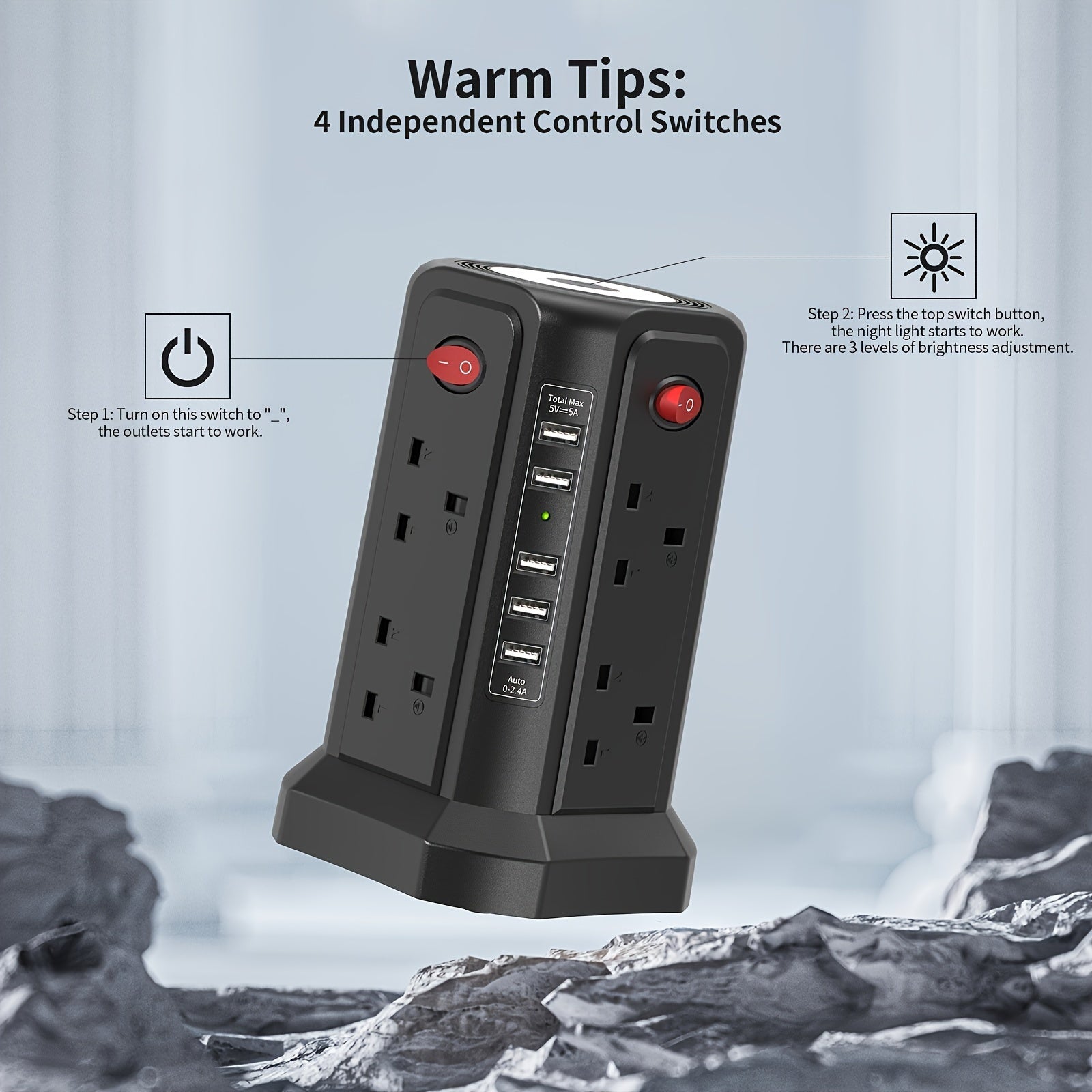 Extension Cord with USB Plug and Night Light, 13A 3250W Extension Tower with 5 USB Ports and 8 Way Plugs