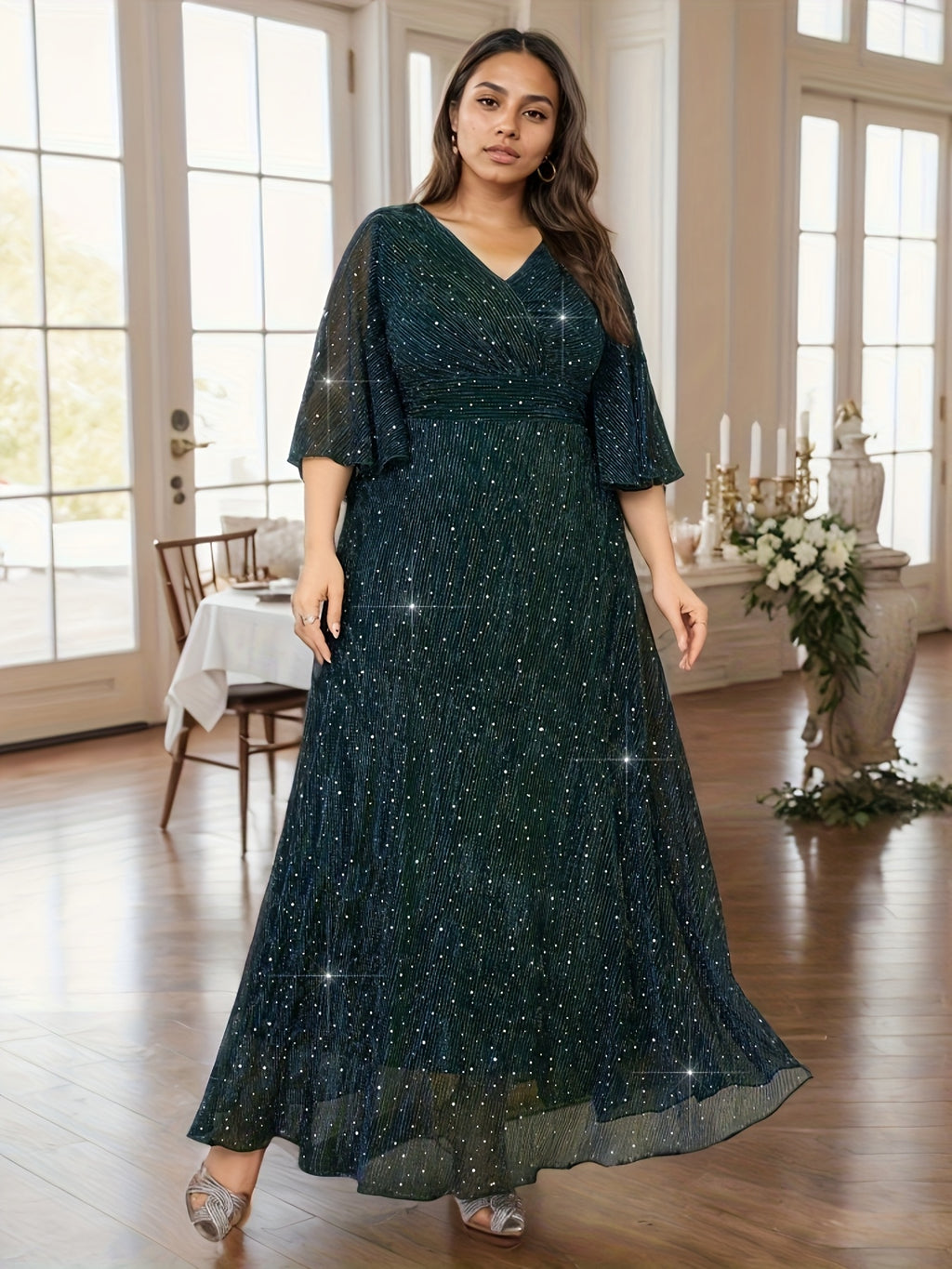 Plus Size Middle Eastern Sequined V-Neck Bridesmaid Dress with Ruffle Sleeves