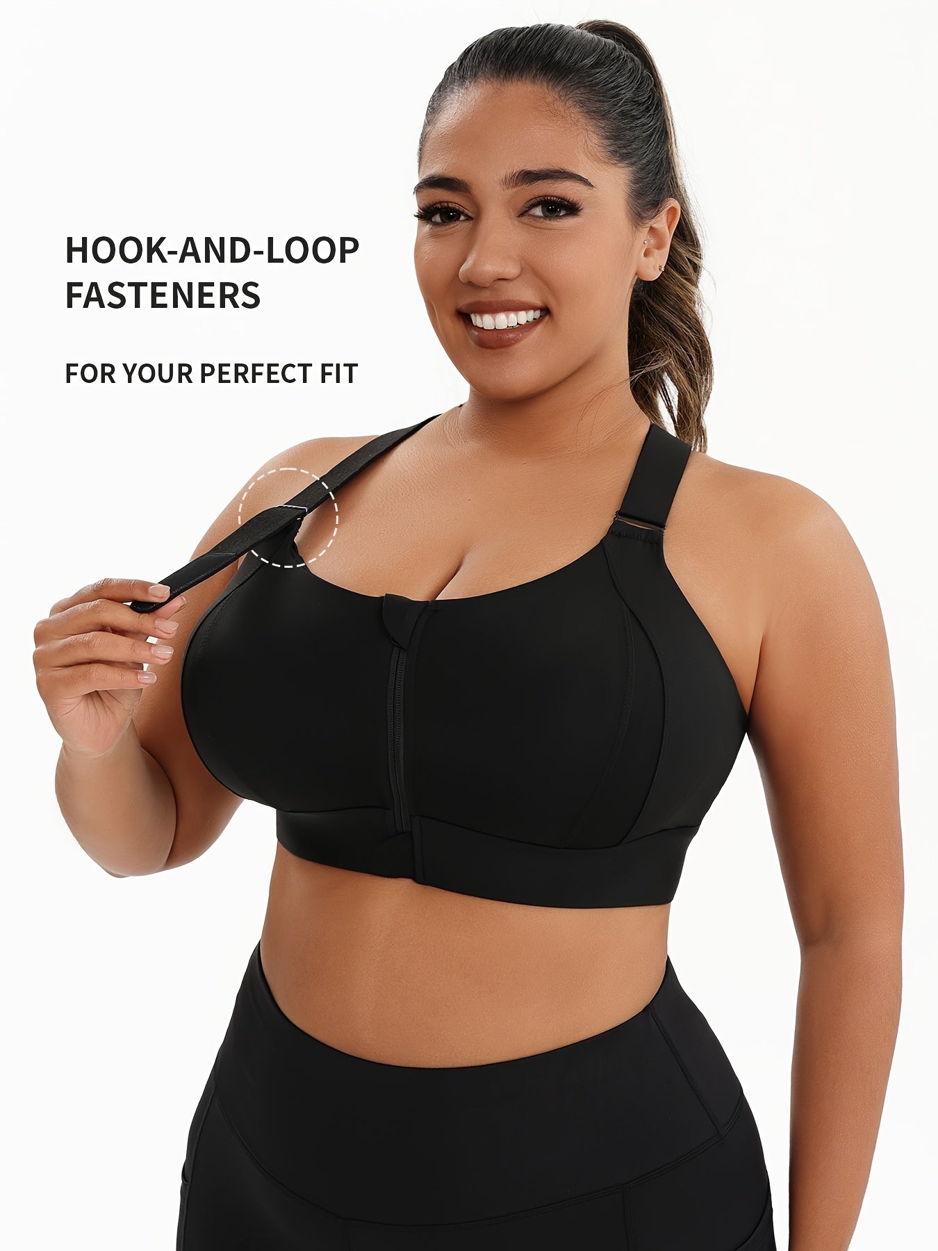 [Plus Size Sports Bra] High-Elasticity Plus Size Sports Bra | Women's Blue Bra with Zipper, Non-Removable Padding, Adjustable Shoulder Straps