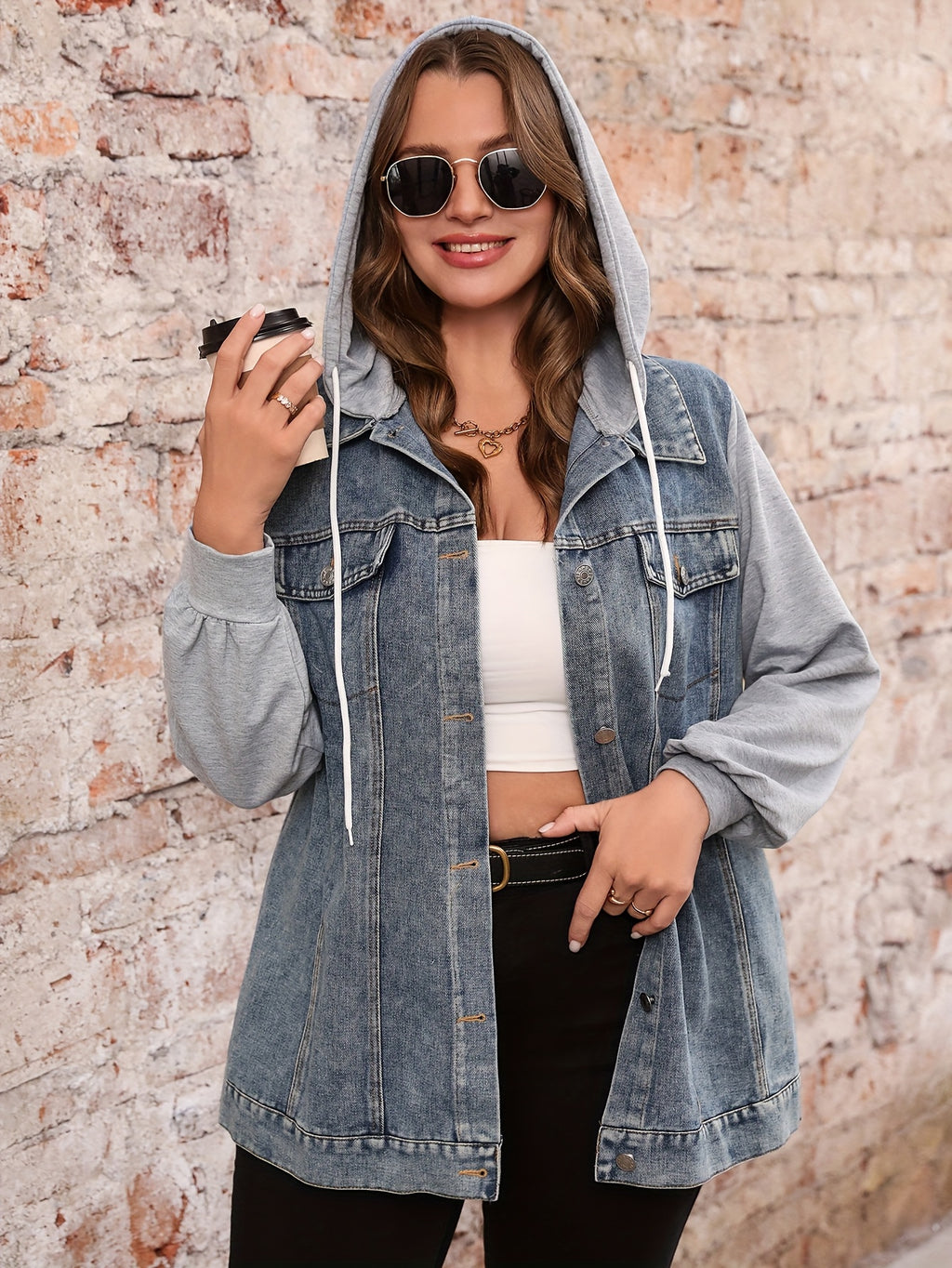 Denim Jacket and Long Pants | Elegant Hooded Design with Patchwork Details